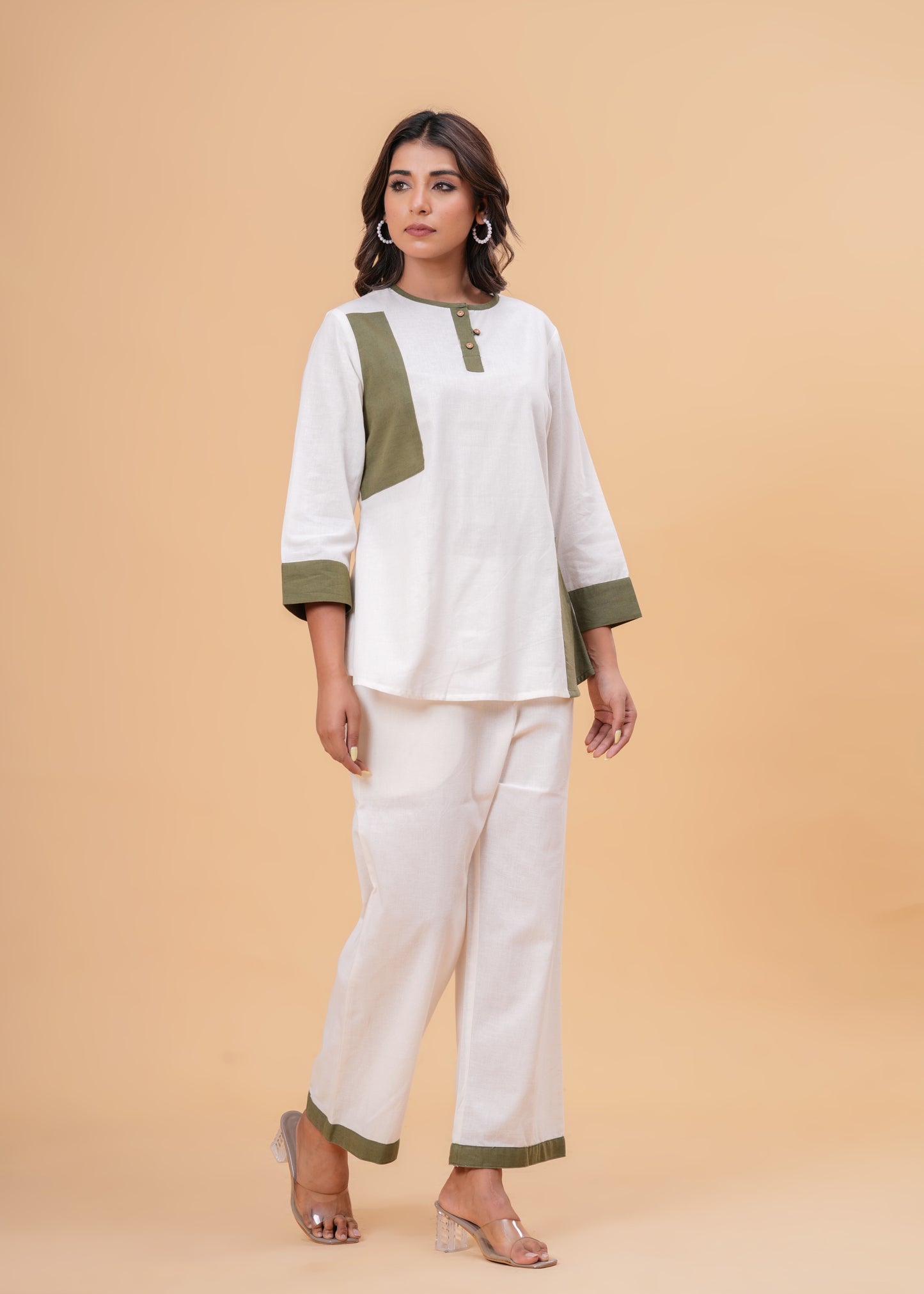 White & Olive Green Colorblock Co-Ord Set – Cotton Western Two-Piece Outfit