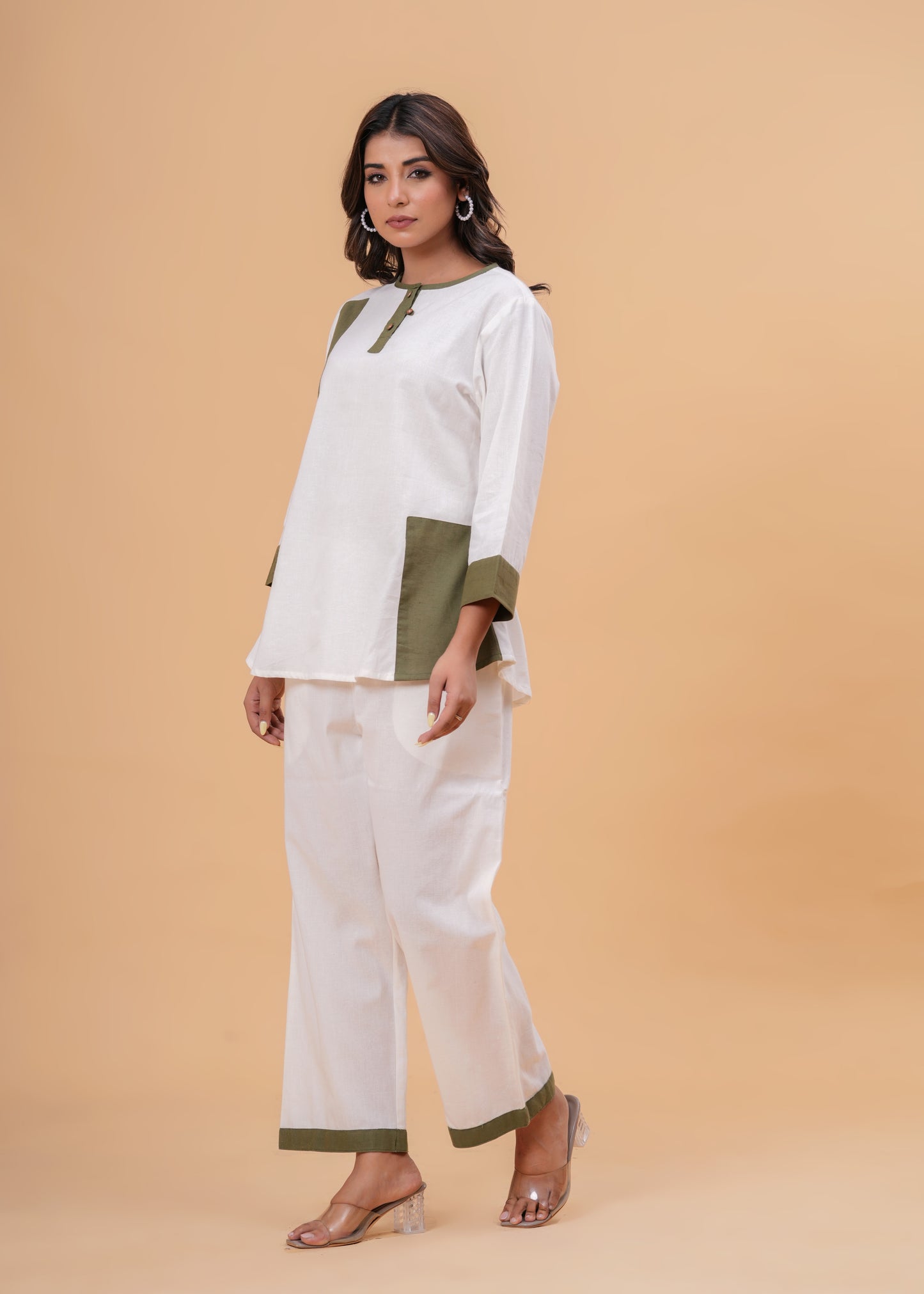 White & Olive Green Colorblock Co-Ord Set – Cotton Western Two-Piece Outfit
