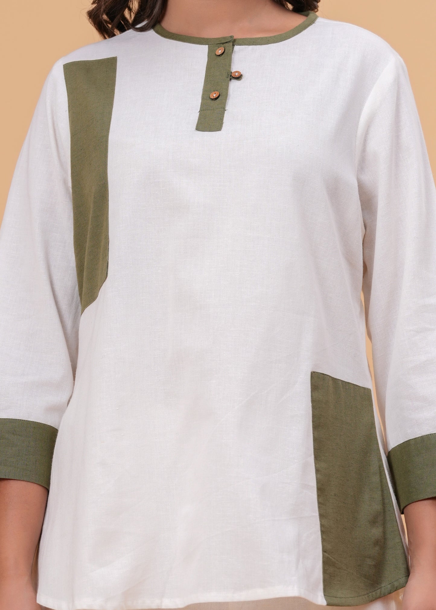 White & Olive Green Colorblock Co-Ord Set – Cotton Western Two-Piece Outfit