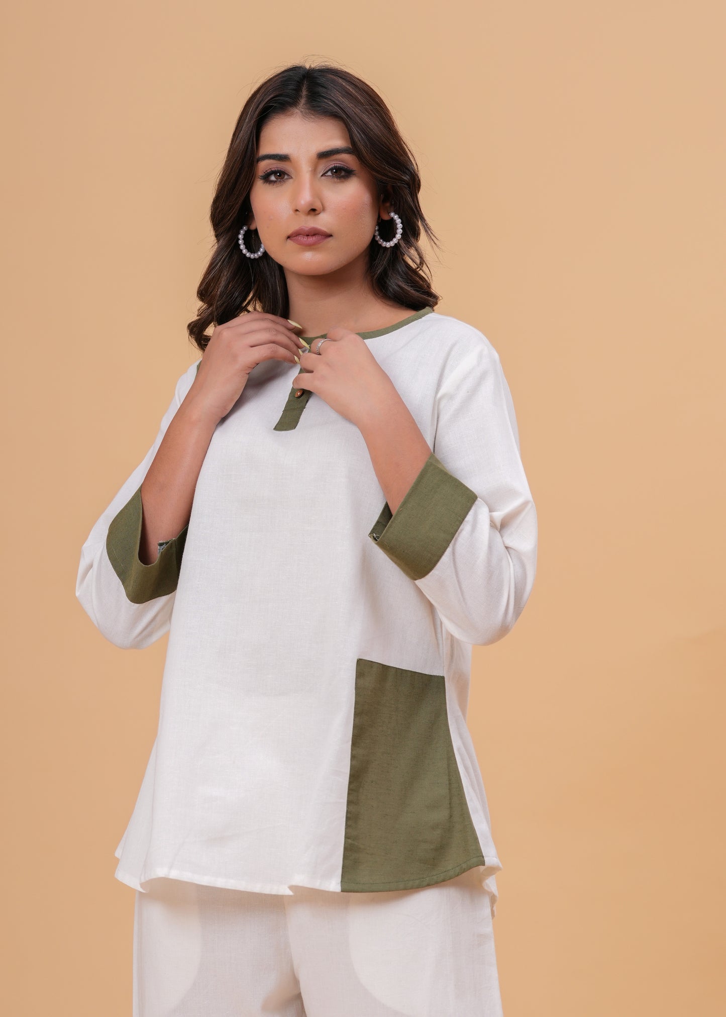 White & Olive Green Colorblock Co-Ord Set – Cotton Western Two-Piece Outfit