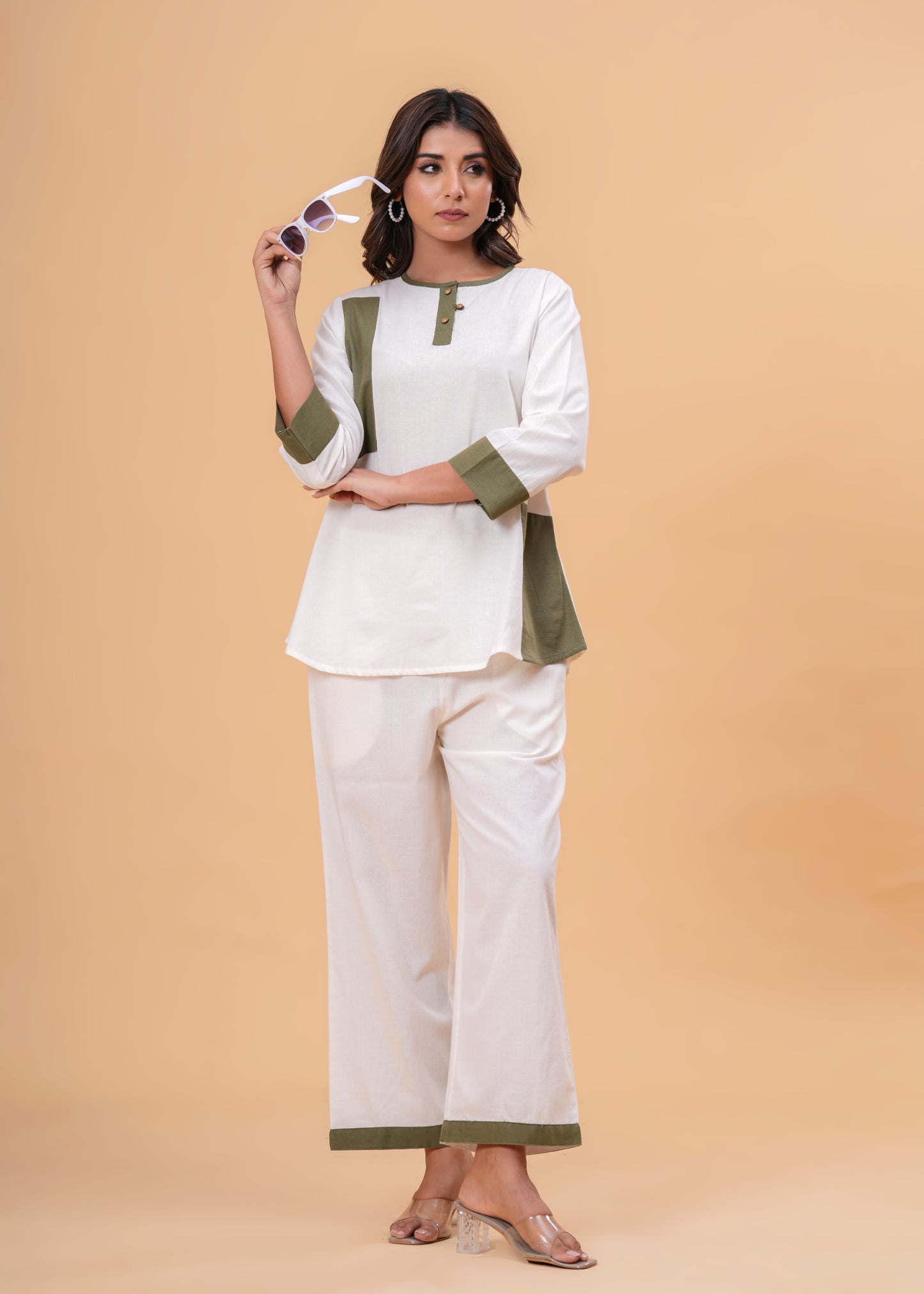 White & Olive Green Colorblock Co-Ord Set – Cotton Western Two-Piece Outfit