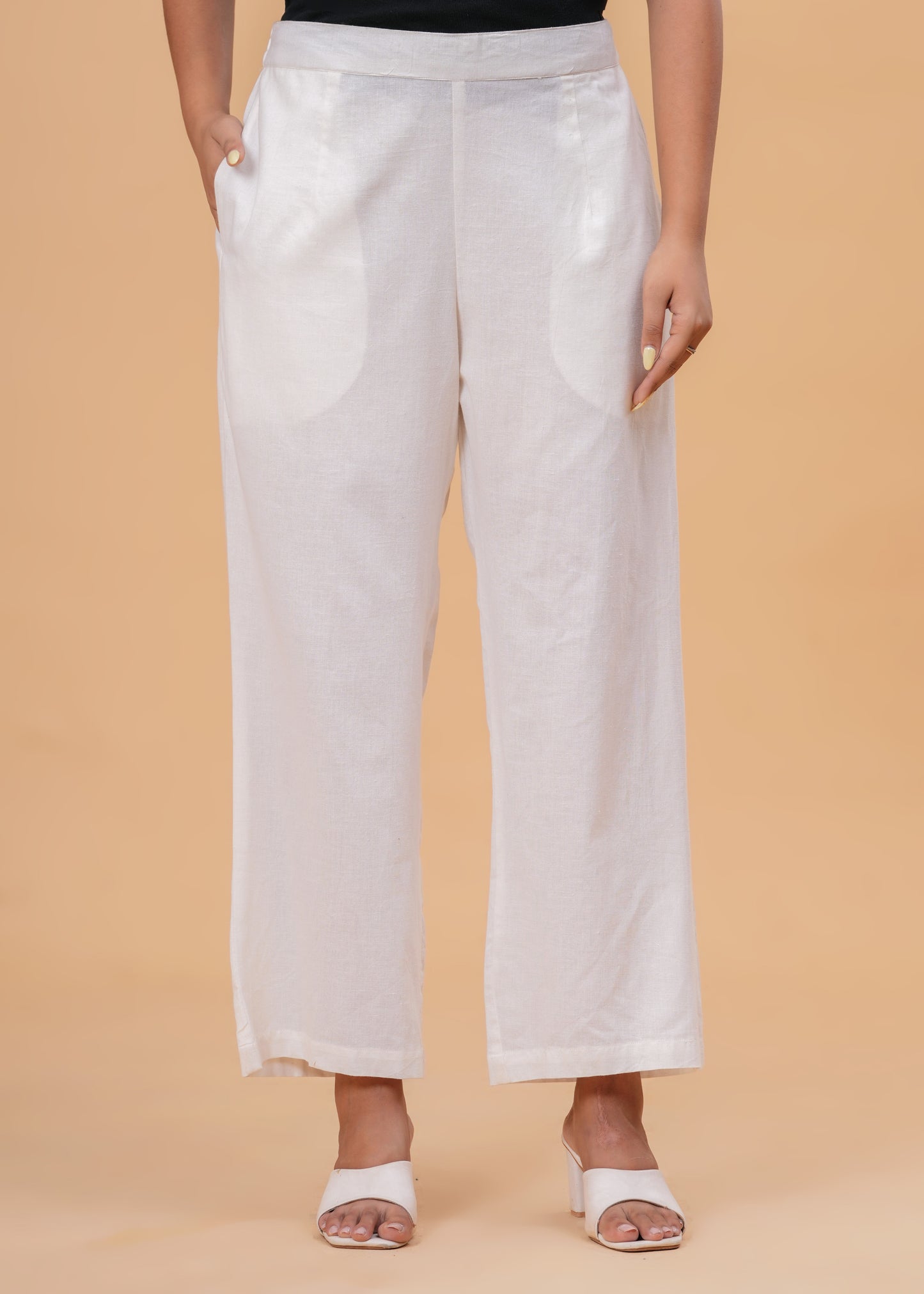 Shimmering White Textured Cotton Blend Palazzo Pants | Relaxed Fit Formal/Casual Bottoms