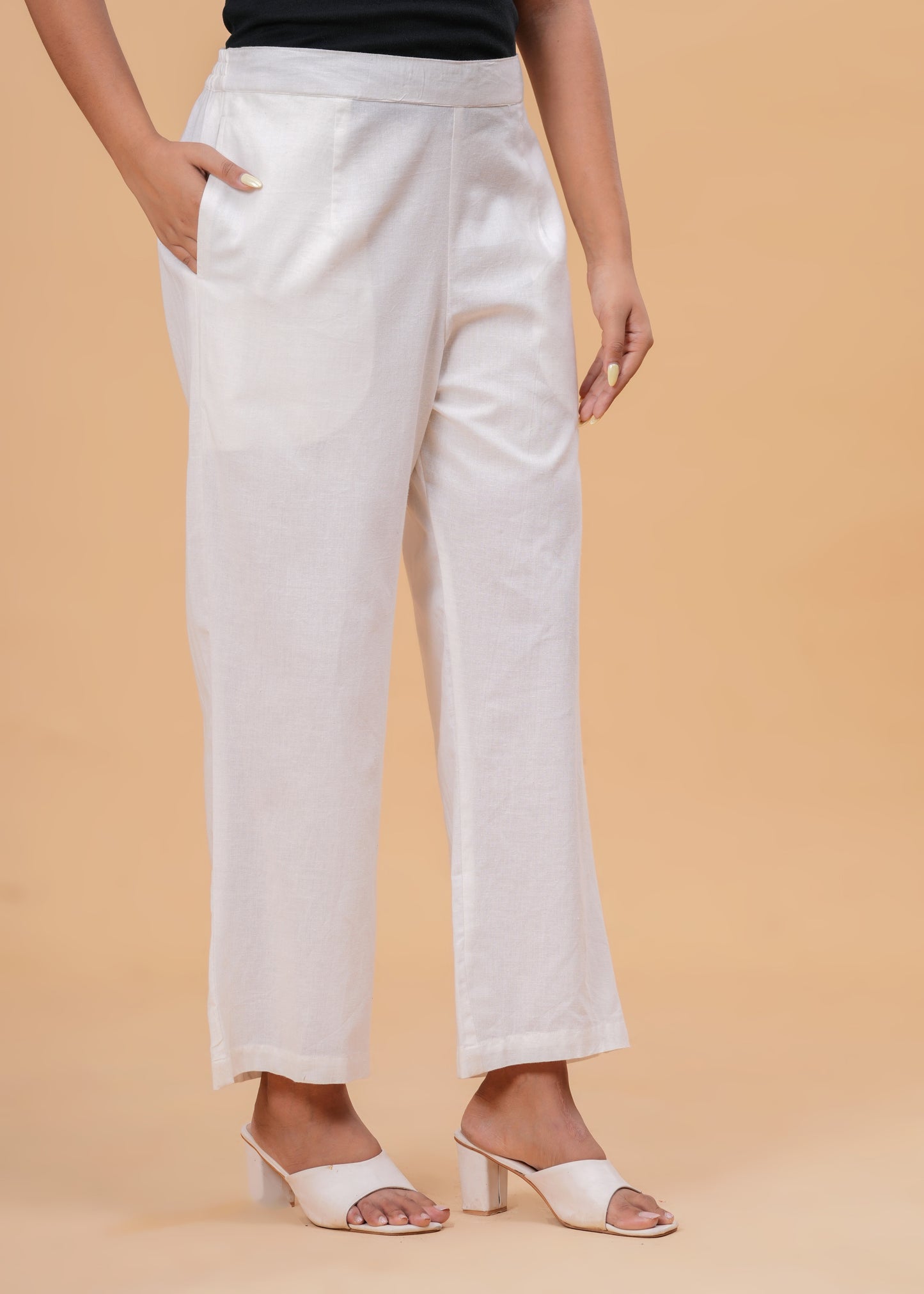 Shimmering White Textured Cotton Blend Palazzo Pants | Relaxed Fit Formal/Casual Bottoms