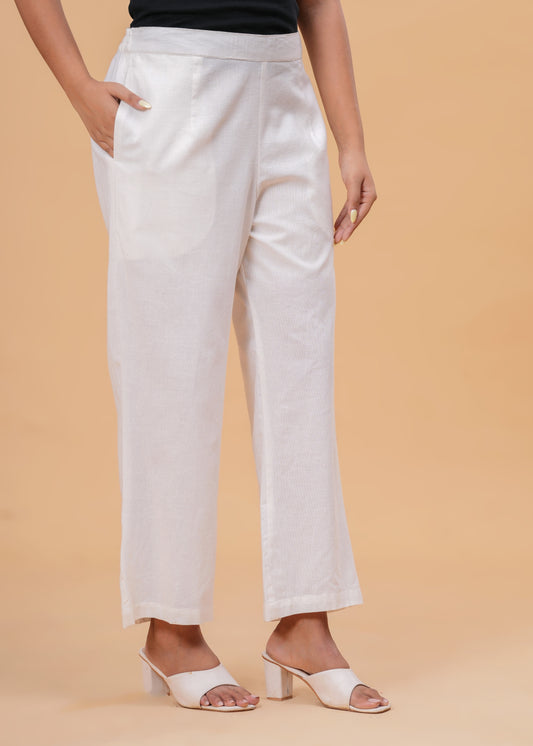Shimmering White Textured Cotton Blend Palazzo Pants | Relaxed Fit Formal/Casual Bottoms