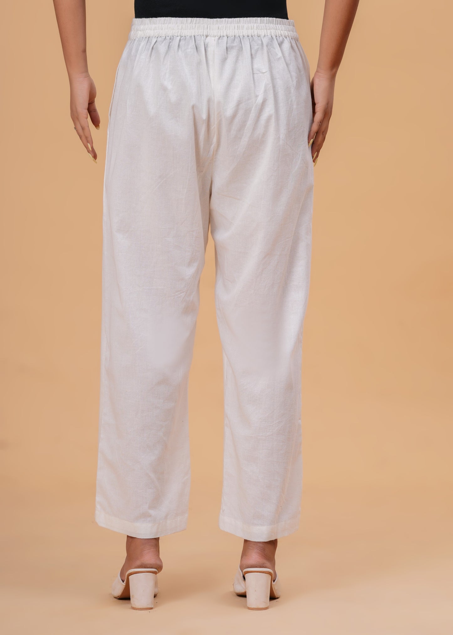 Shimmering White Textured Cotton Blend Palazzo Pants | Relaxed Fit Formal/Casual Bottoms