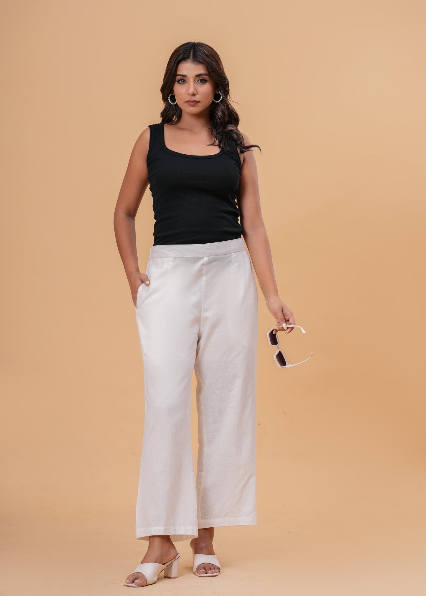 Shimmering White Textured Cotton Blend Palazzo Pants | Relaxed Fit Formal/Casual Bottoms