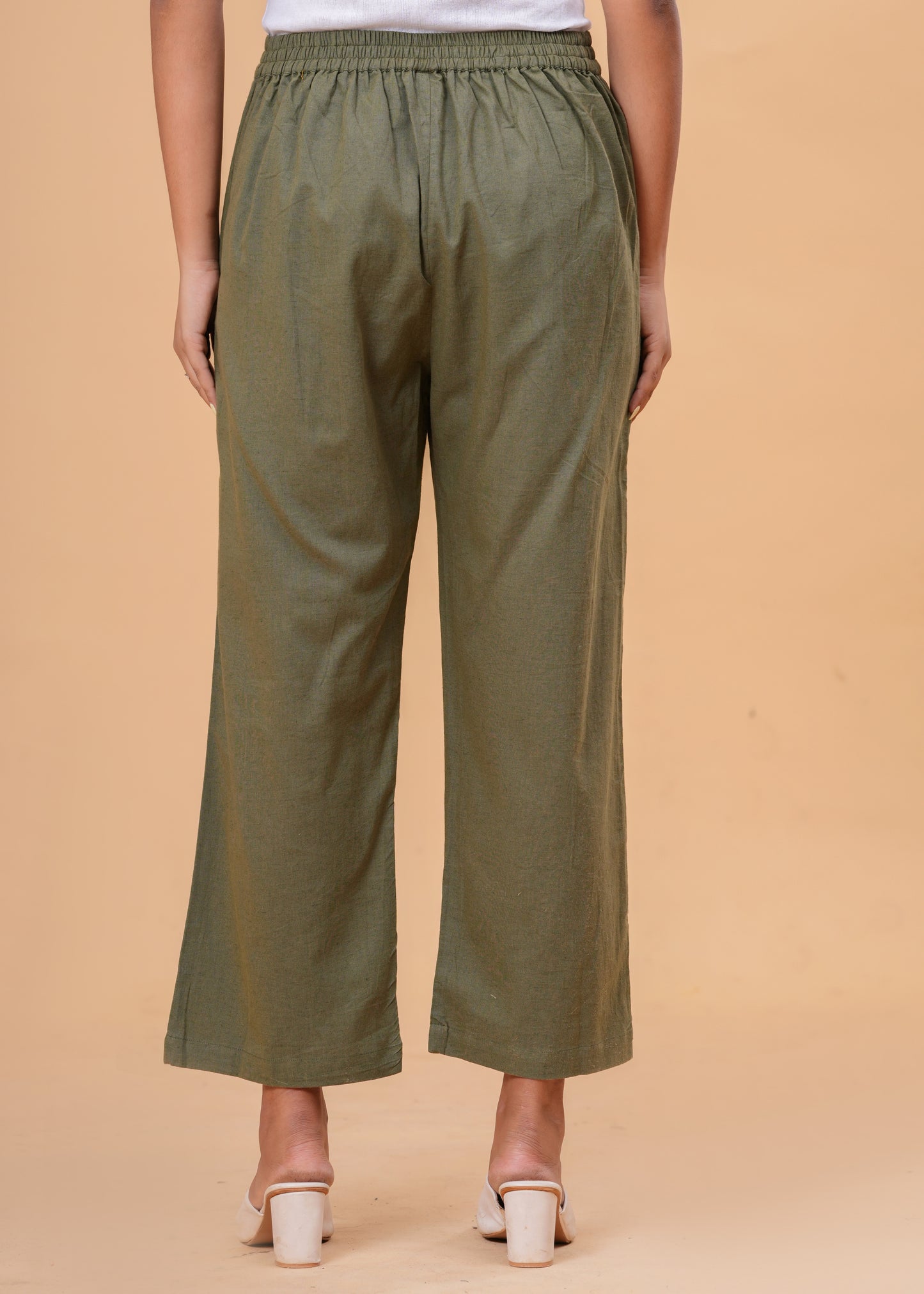 Shimmering Green Textured Cotton Blend Palazzo Pants | Relaxed Fit Formal/Casual Bottoms