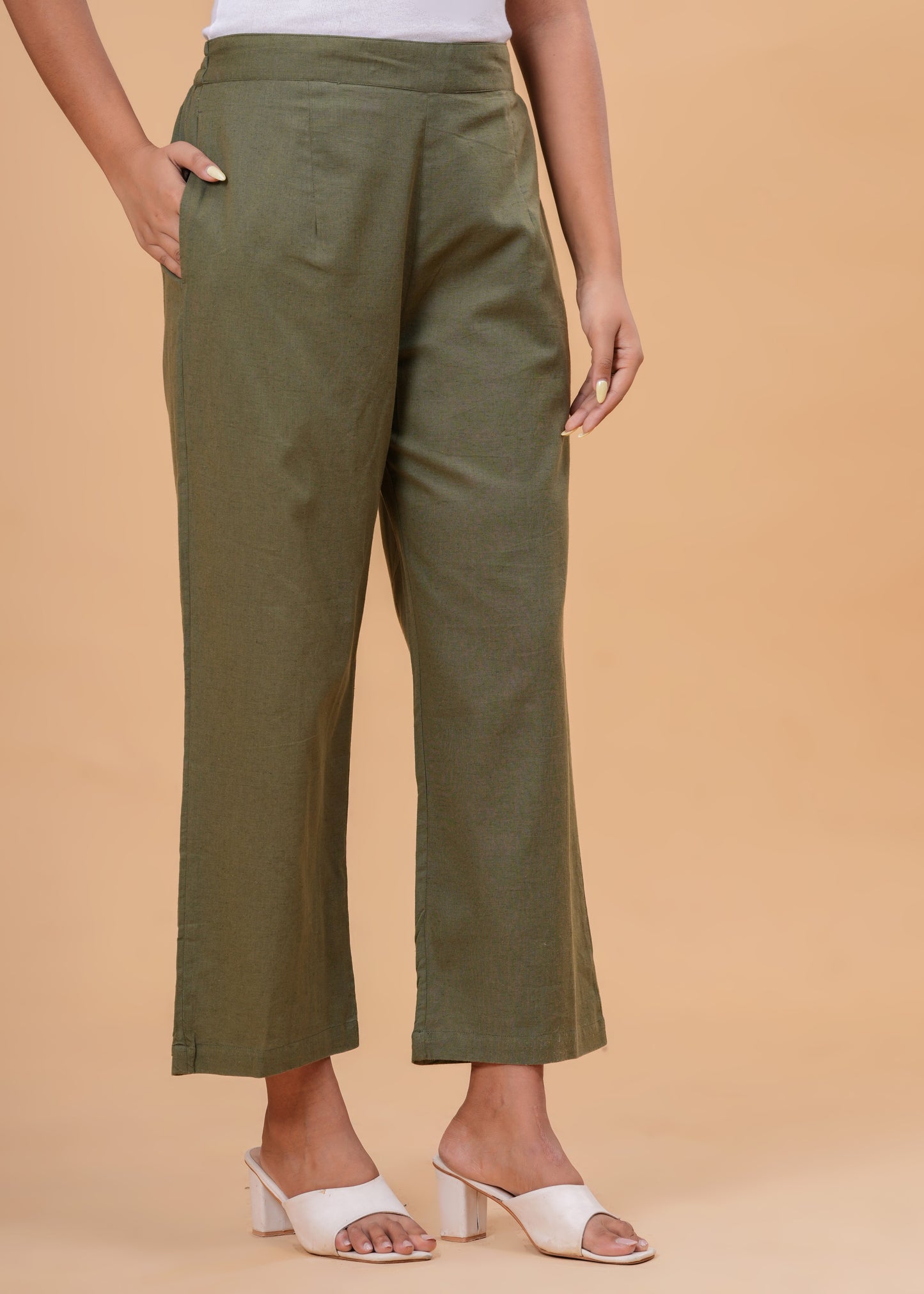 Shimmering Green Textured Cotton Blend Palazzo Pants | Relaxed Fit Formal/Casual Bottoms