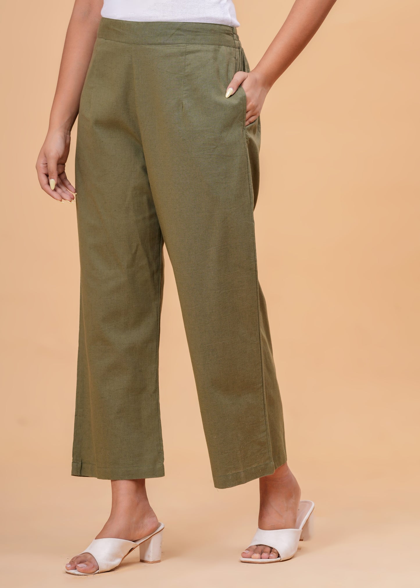 Shimmering Green Textured Cotton Blend Palazzo Pants | Relaxed Fit Formal/Casual Bottoms