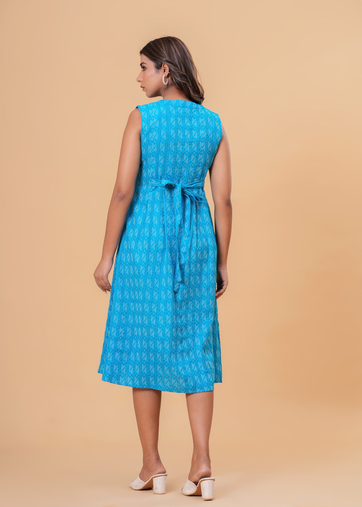 Handcrafted Kantha Work Blue Cotton Midi Dress | Sleeveless A-Line Fit with Back Tie Belt & Button Front