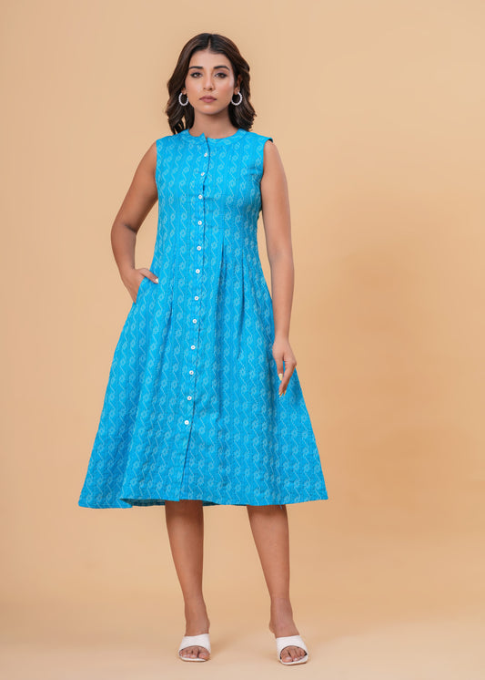 Handcrafted Kantha Work Blue Cotton Midi Dress | Sleeveless A-Line Fit with Back Tie Belt & Button Front