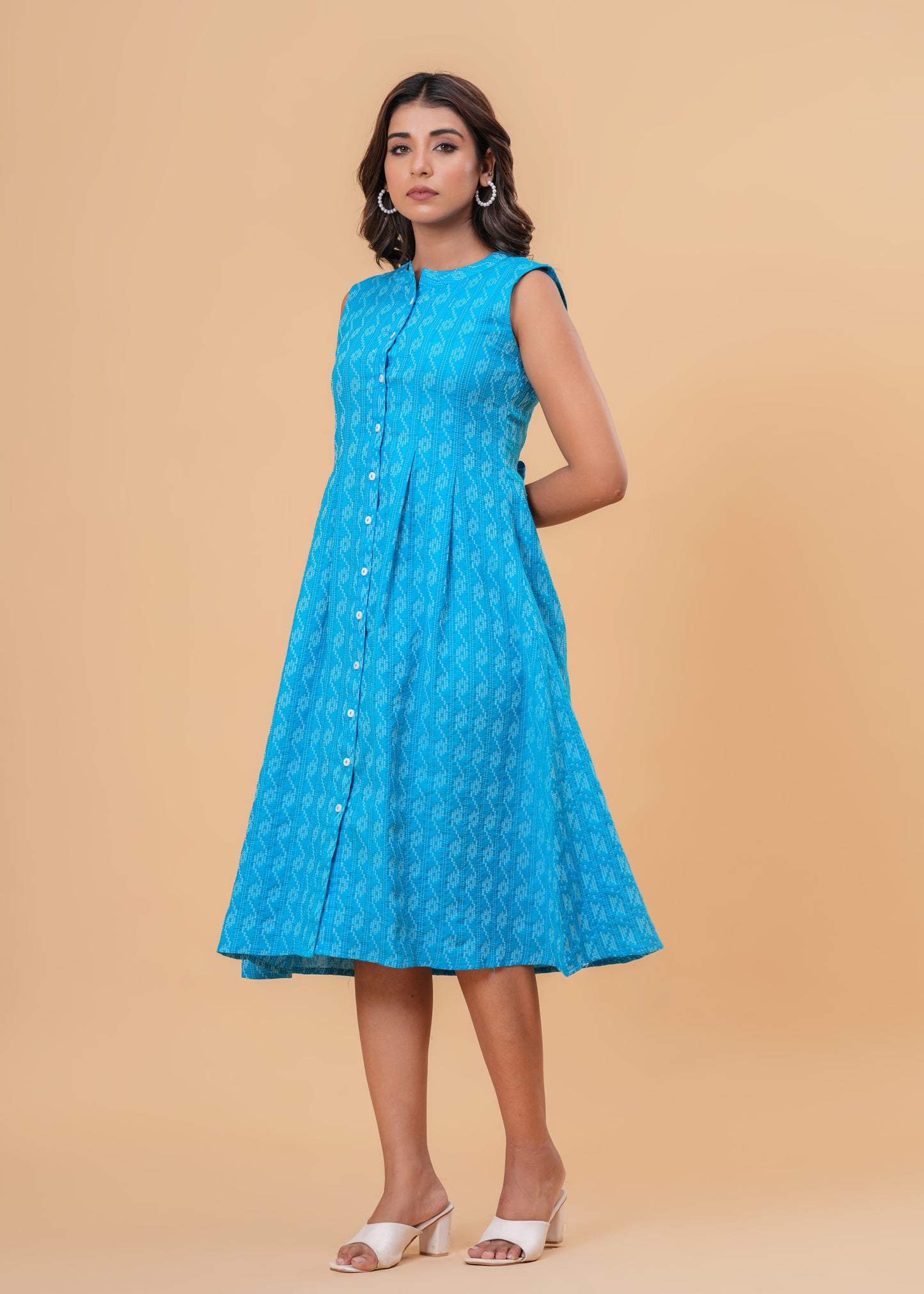 Handcrafted Kantha Work Blue Cotton Midi Dress | Sleeveless A-Line Fit with Back Tie Belt & Button Front
