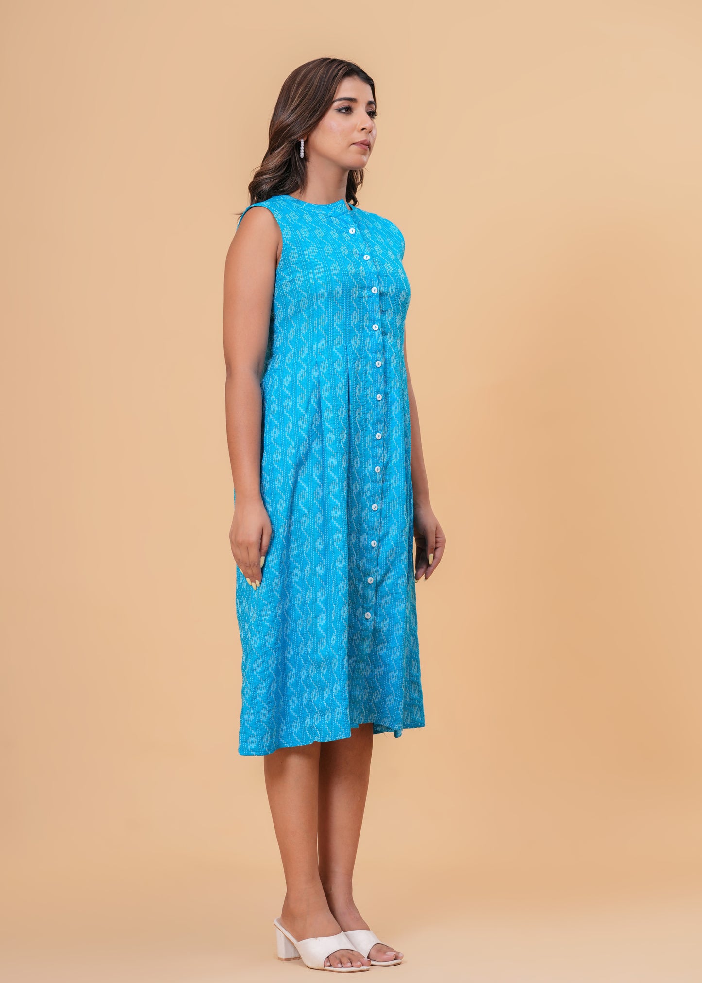 Handcrafted Kantha Work Blue Cotton Midi Dress | Sleeveless A-Line Fit with Back Tie Belt & Button Front