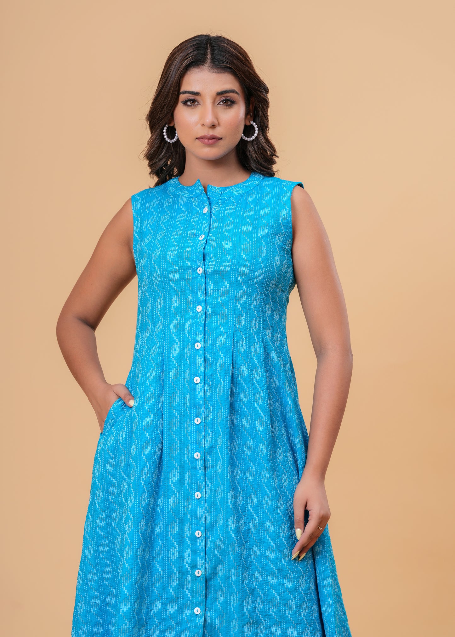 Handcrafted Kantha Work Blue Cotton Midi Dress | Sleeveless A-Line Fit with Back Tie Belt & Button Front
