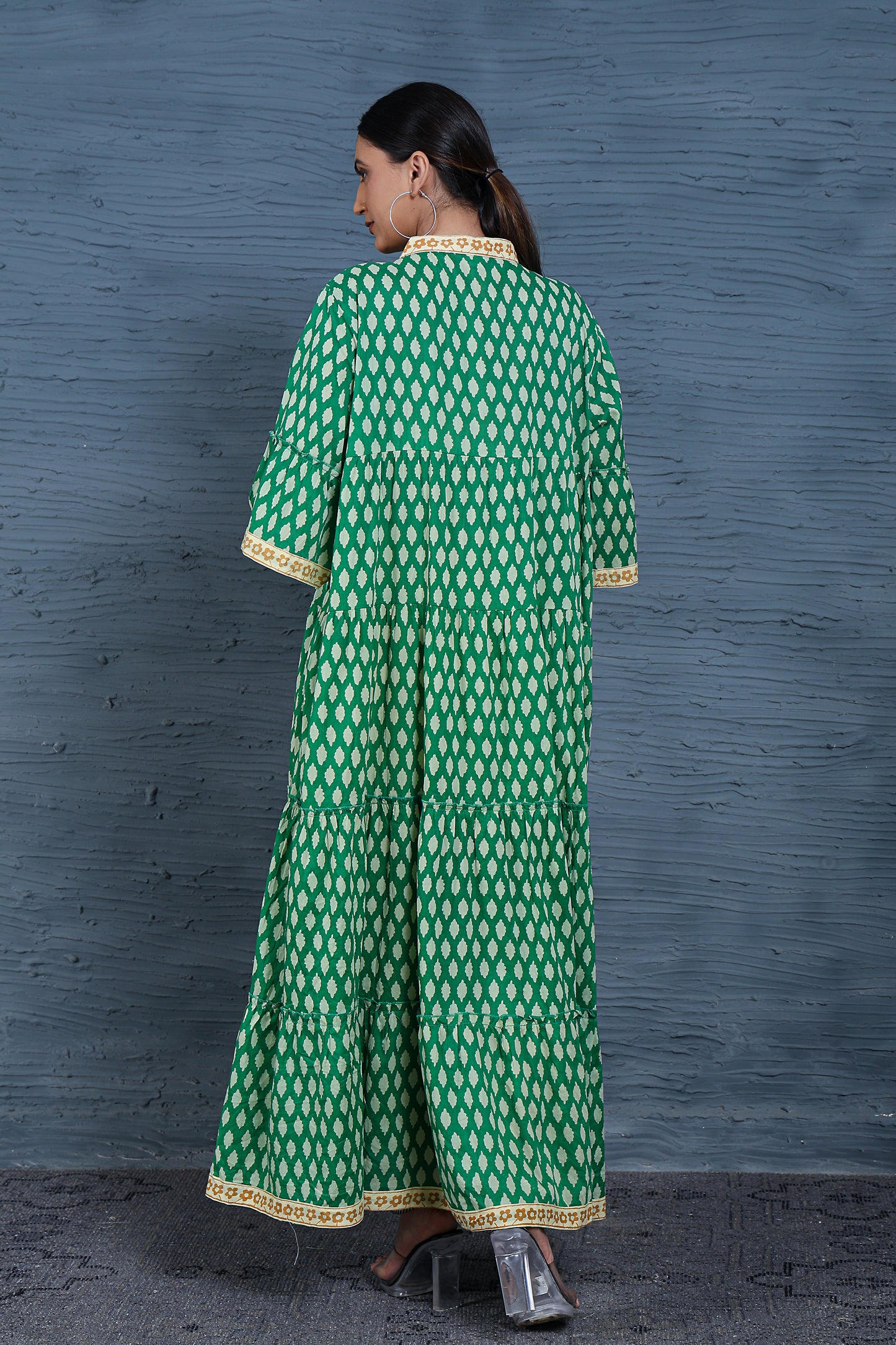 Luxe Three Fourth Sleeve Green Printed Long Dress
