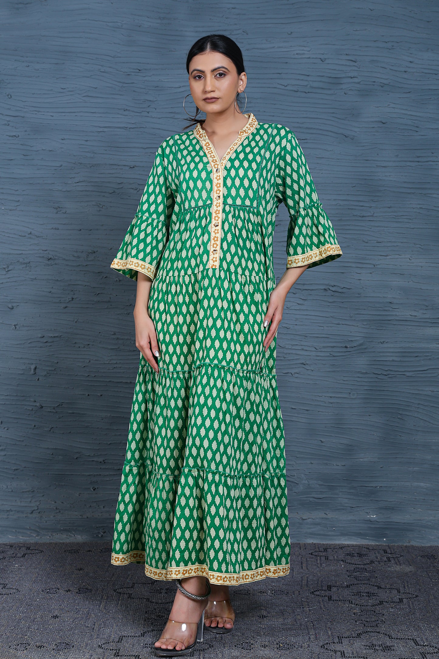 Luxe Three Fourth Sleeve Green Printed Long Dress