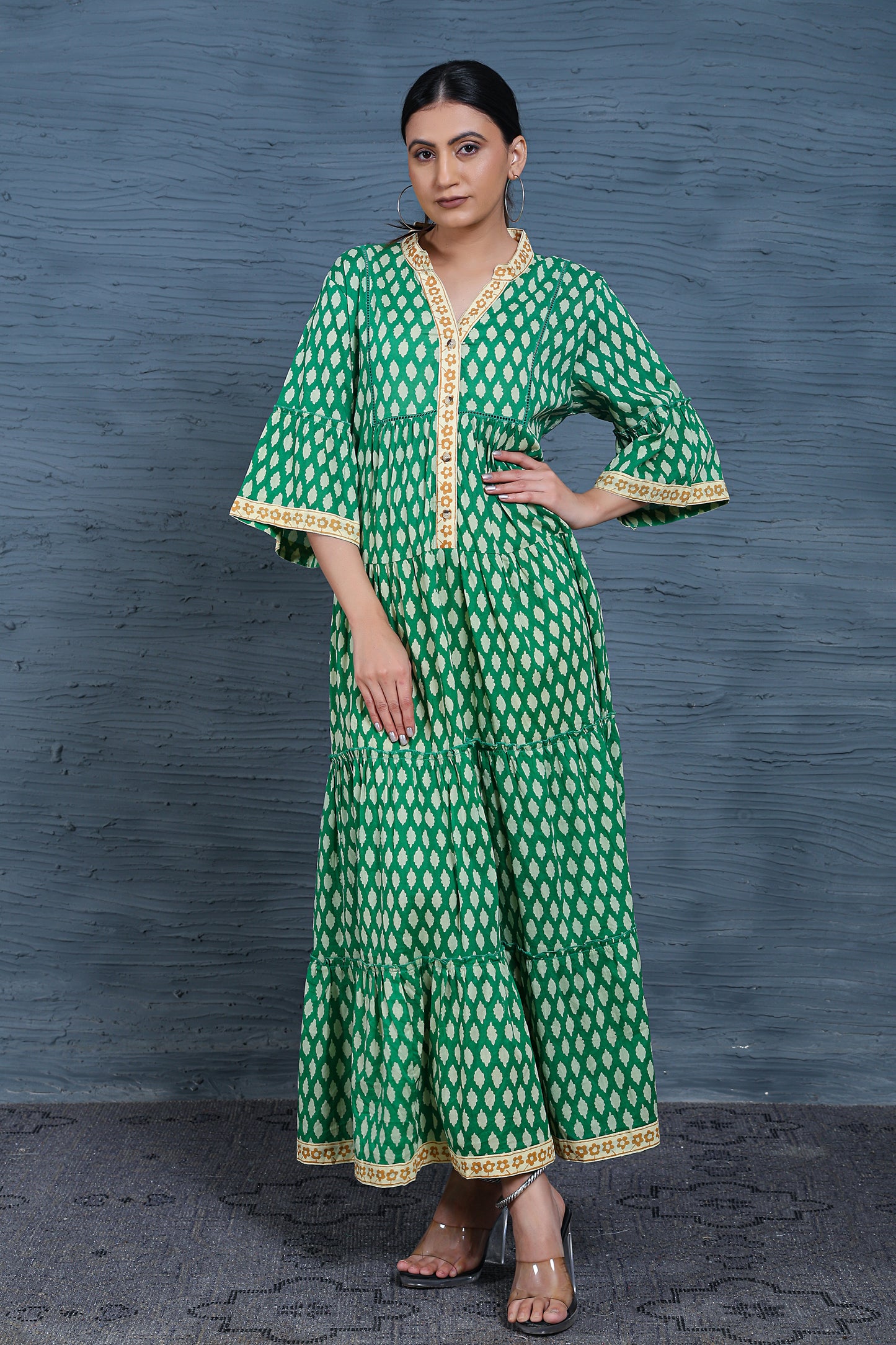 Luxe Three Fourth Sleeve Green Printed Long Dress