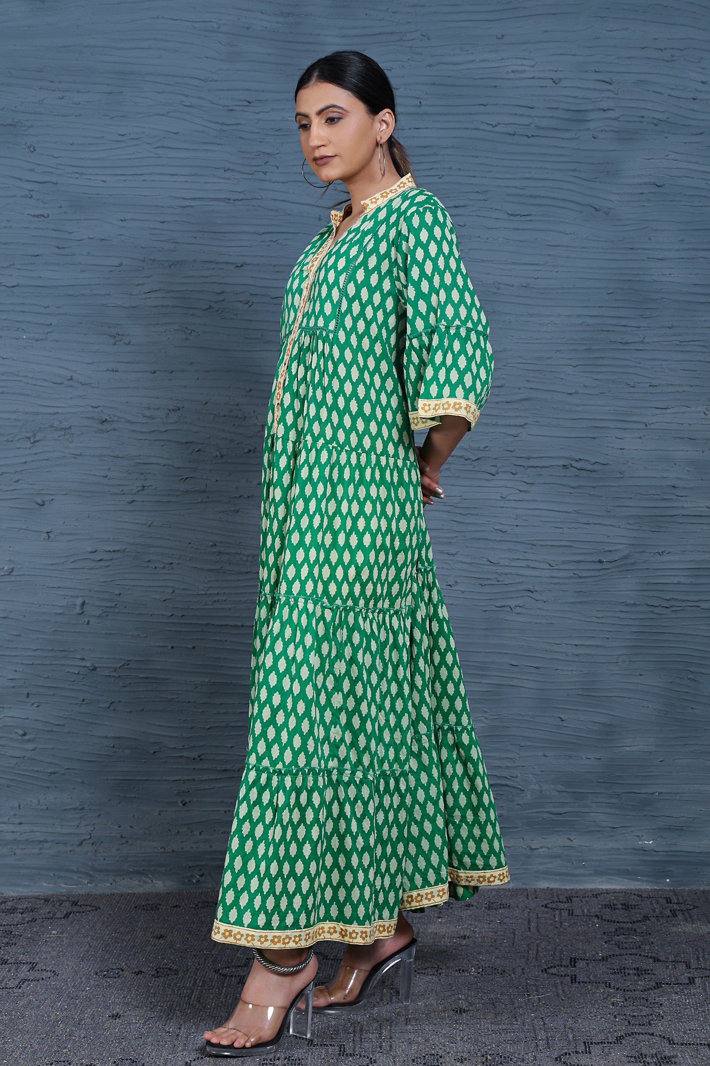 Luxe Three Fourth Sleeve Green Printed Long Dress