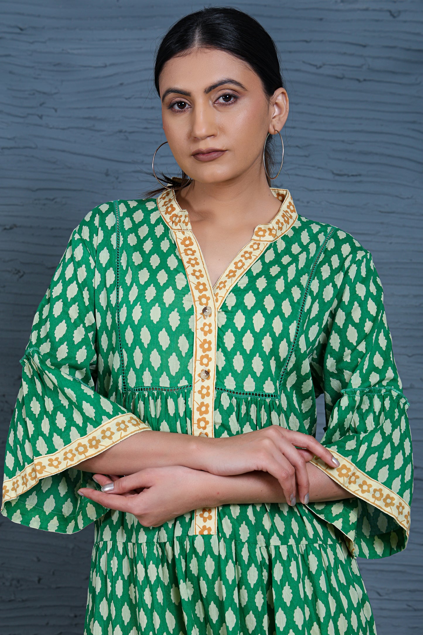 Luxe Three Fourth Sleeve Green Printed Long Dress