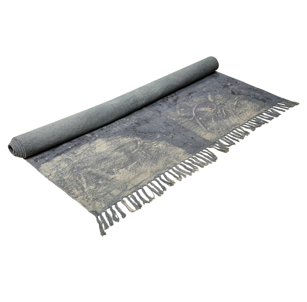 Handwoven Abstract Blue Area Rug with Fringes – Boho Modern Wool Blend Carpet