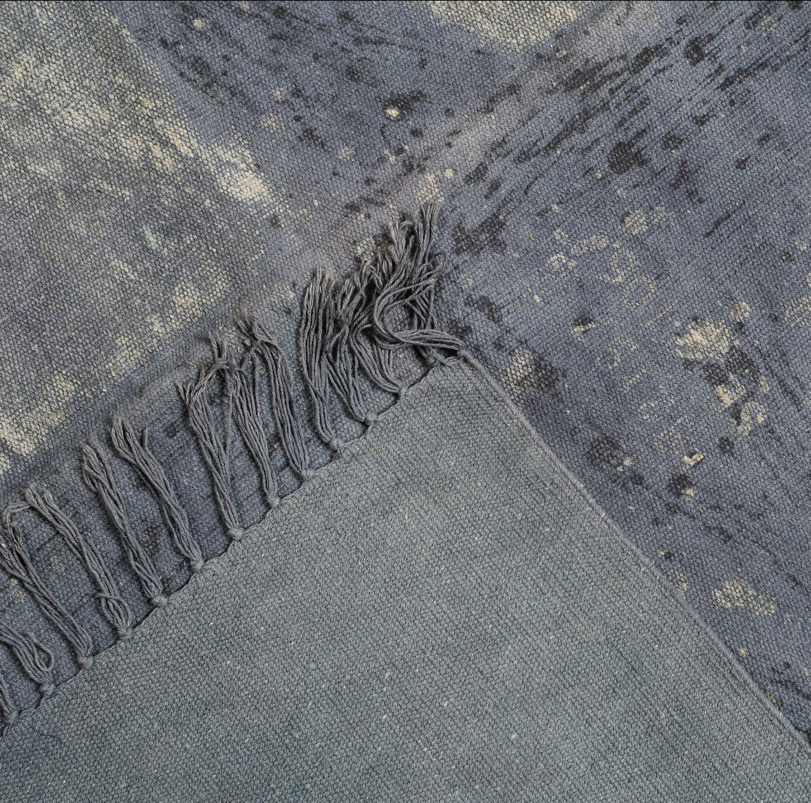 Handwoven Abstract Blue Area Rug with Fringes – Boho Modern Wool Blend Carpet