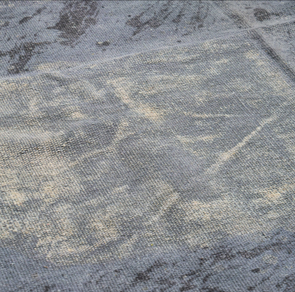 Handwoven Abstract Blue Area Rug with Fringes – Boho Modern Wool Blend Carpet