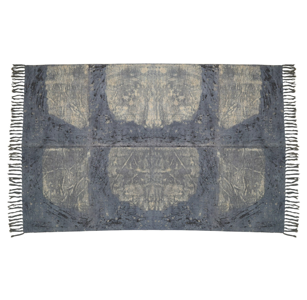 Handwoven Abstract Blue Area Rug with Fringes – Boho Modern Wool Blend Carpet