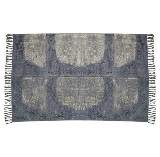 Handwoven Abstract Blue Area Rug with Fringes – Boho Modern Wool Blend Carpet