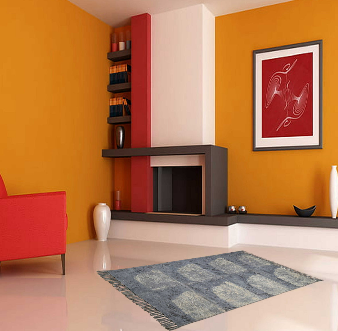 Handwoven Abstract Blue Area Rug with Fringes – Boho Modern Wool Blend Carpet