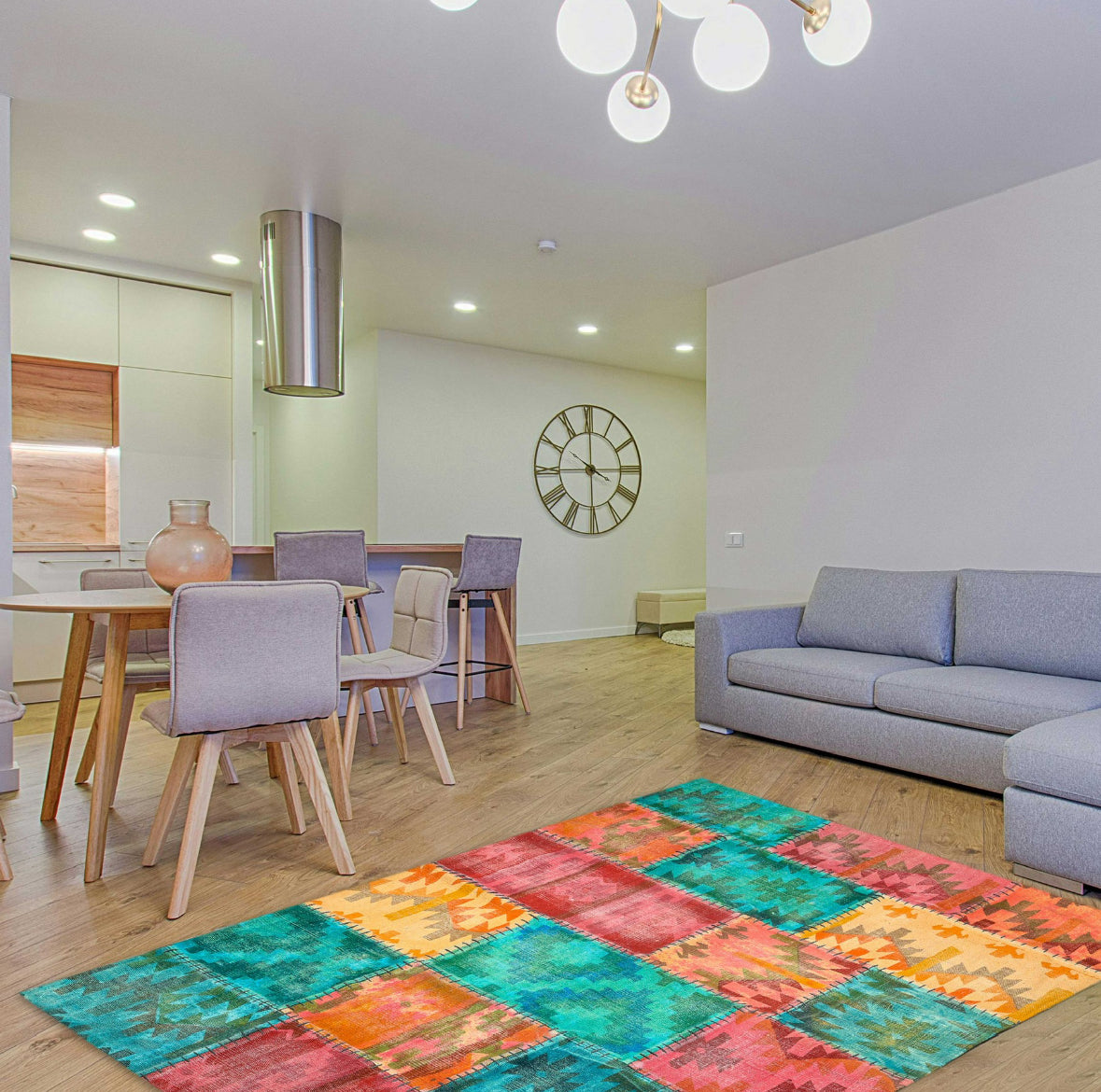 Colorful Patchwork Kilim Rug – Bohemian Multicolor Area Carpet with Tribal Patterns