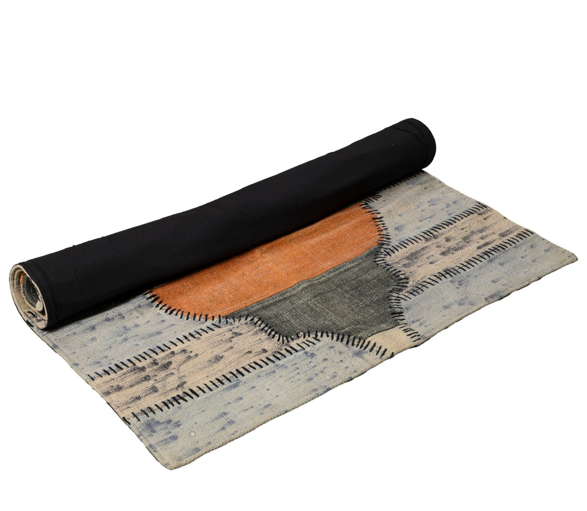 Ethnic Handwoven Geometric Rug – Orange & Grey Flatweave Area Carpet for Living Room