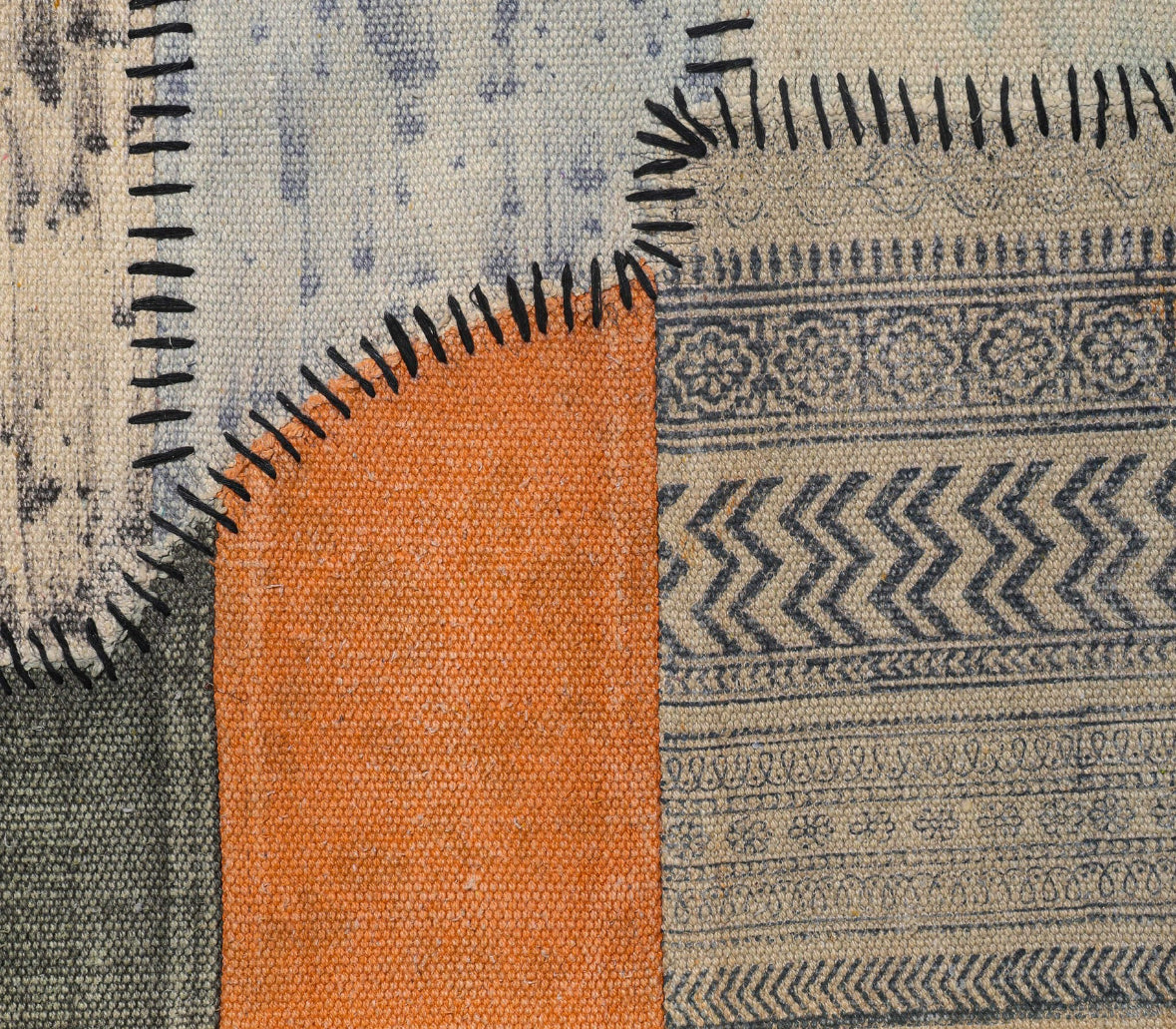 Ethnic Handwoven Geometric Rug – Orange & Grey Flatweave Area Carpet for Living Room