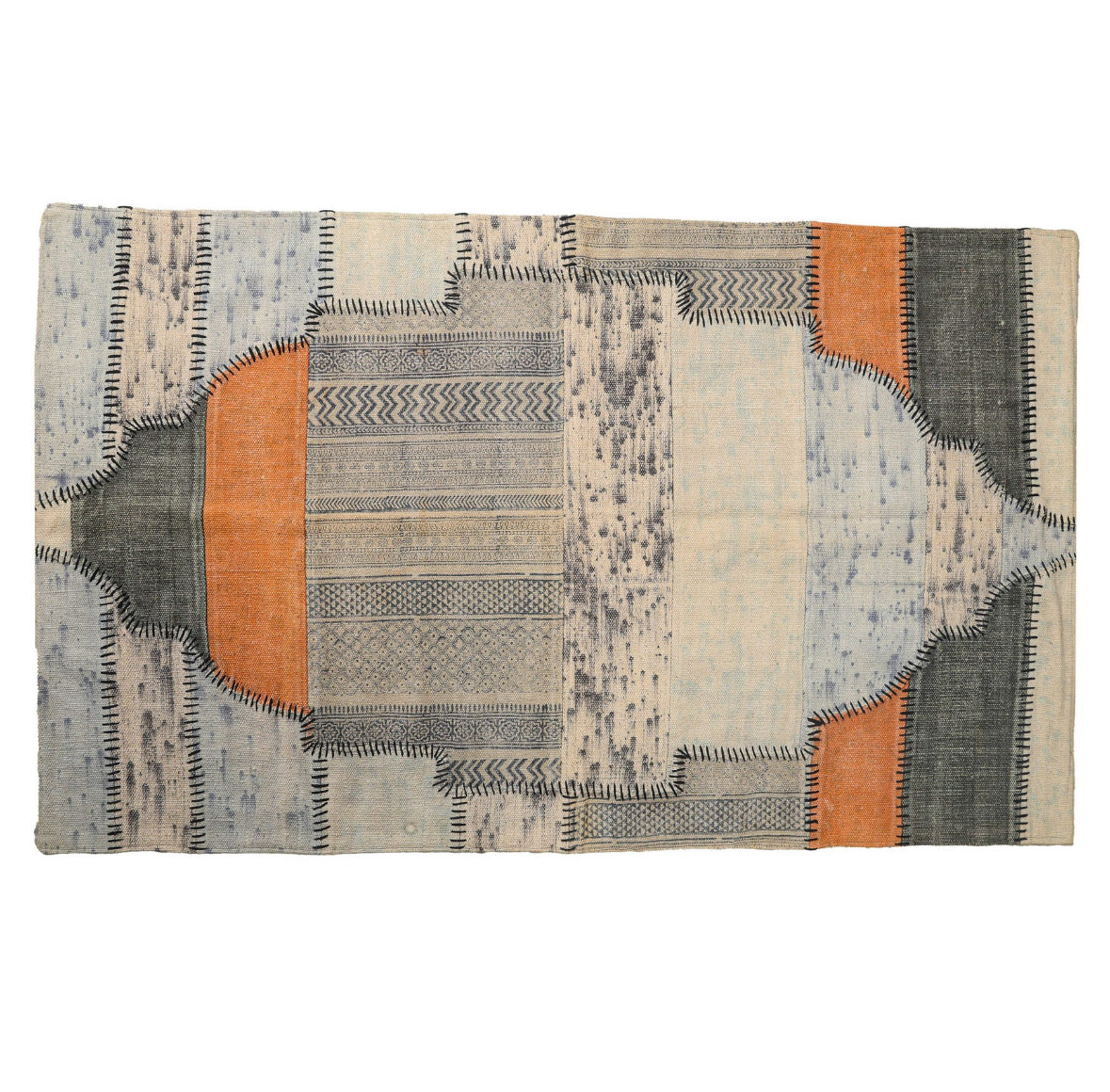 Ethnic Handwoven Geometric Rug – Orange & Grey Flatweave Area Carpet for Living Room