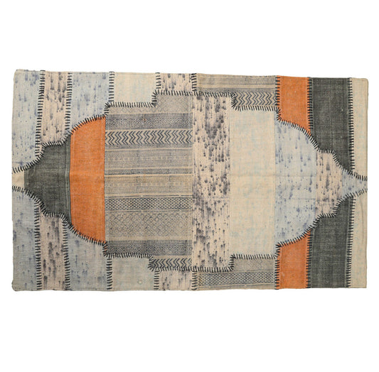 Ethnic Handwoven Geometric Rug – Orange & Grey Flatweave Area Carpet for Living Room