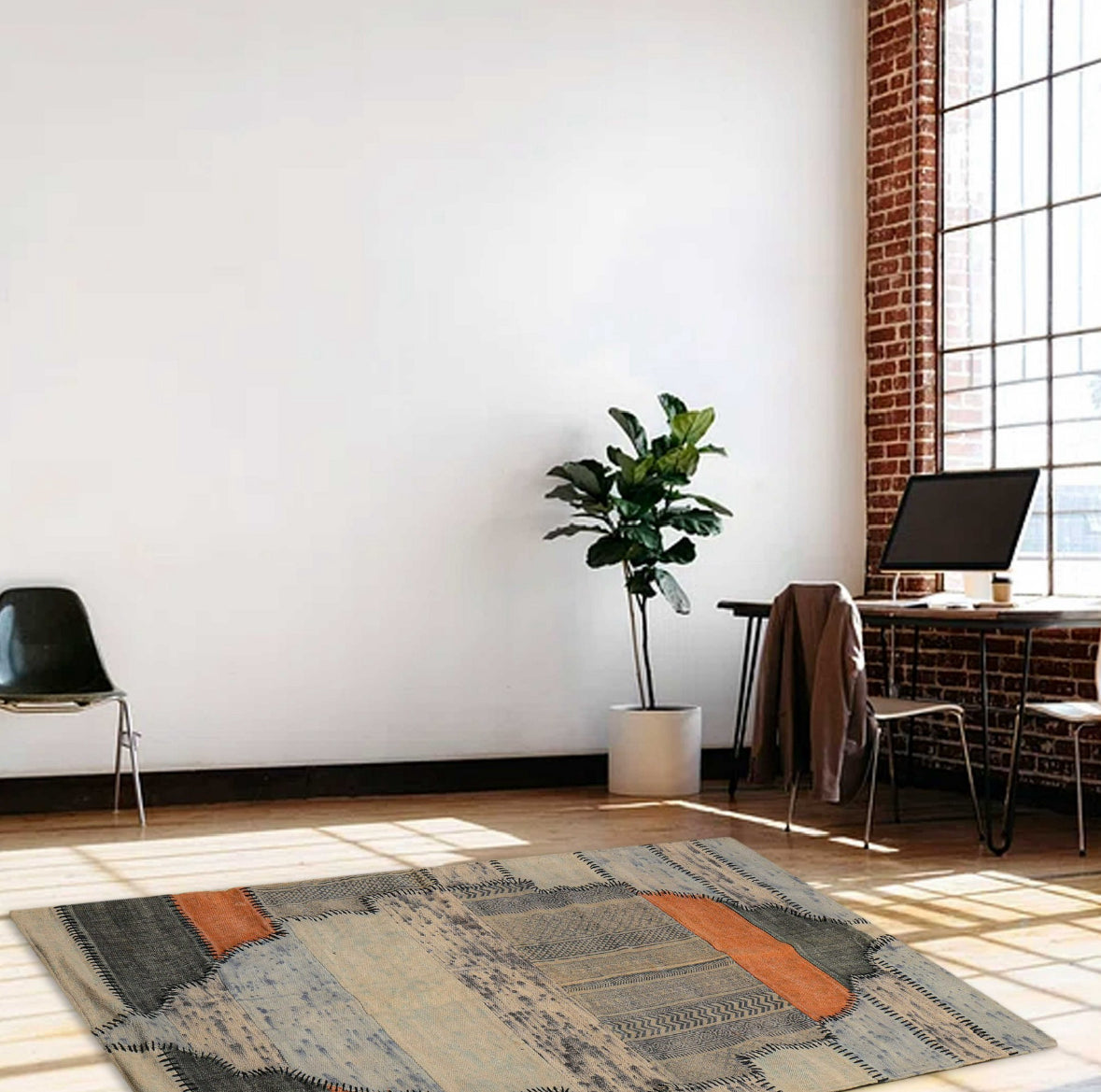 Ethnic Handwoven Geometric Rug – Orange & Grey Flatweave Area Carpet for Living Room