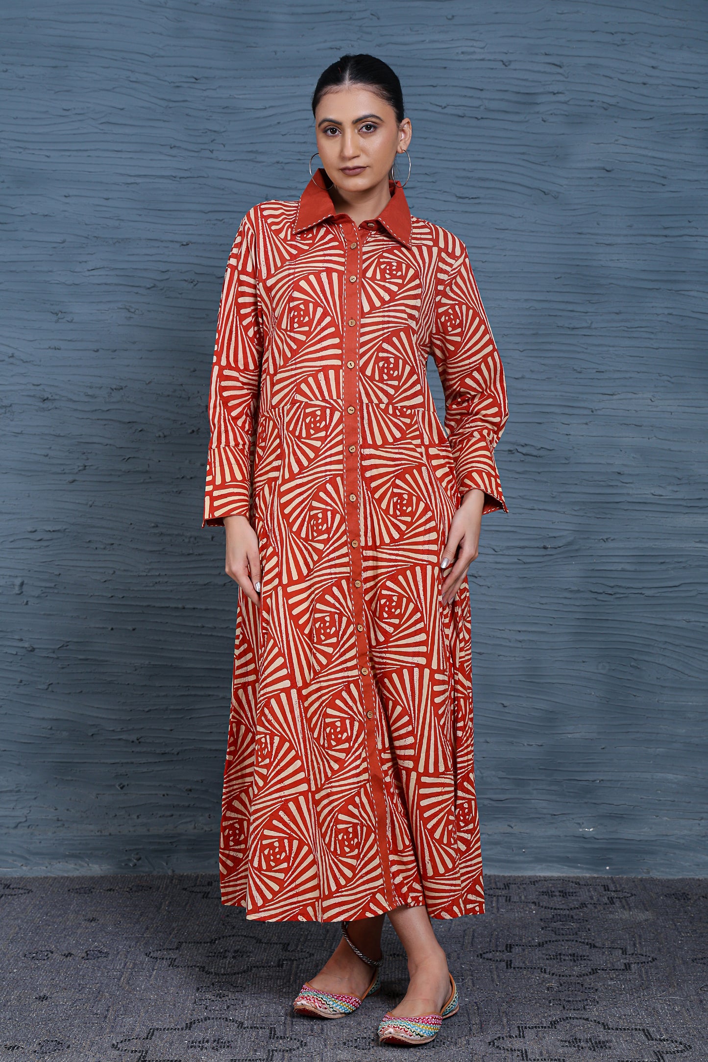 Luxe Full Sleeve Maroon Printed Wooden Buttons Long Dress