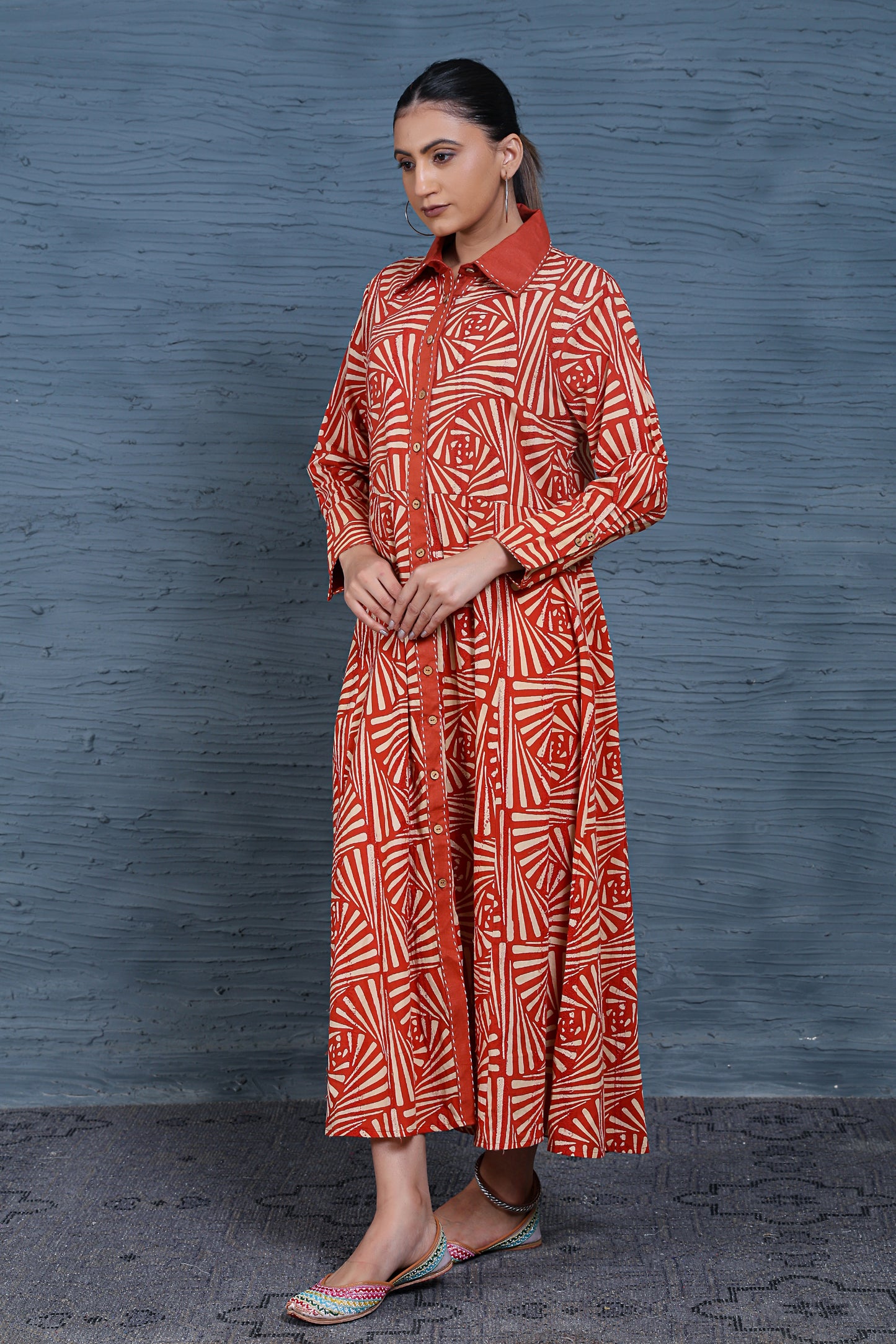 Luxe Full Sleeve Maroon Printed Wooden Buttons Long Dress