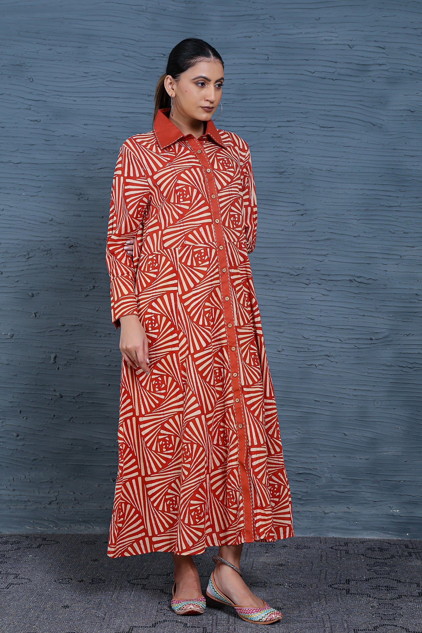 Luxe Full Sleeve Maroon Printed Wooden Buttons Long Dress