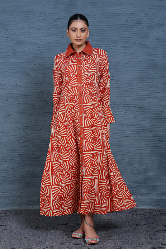 Luxe Full Sleeve Maroon Printed Wooden Buttons Long Dress