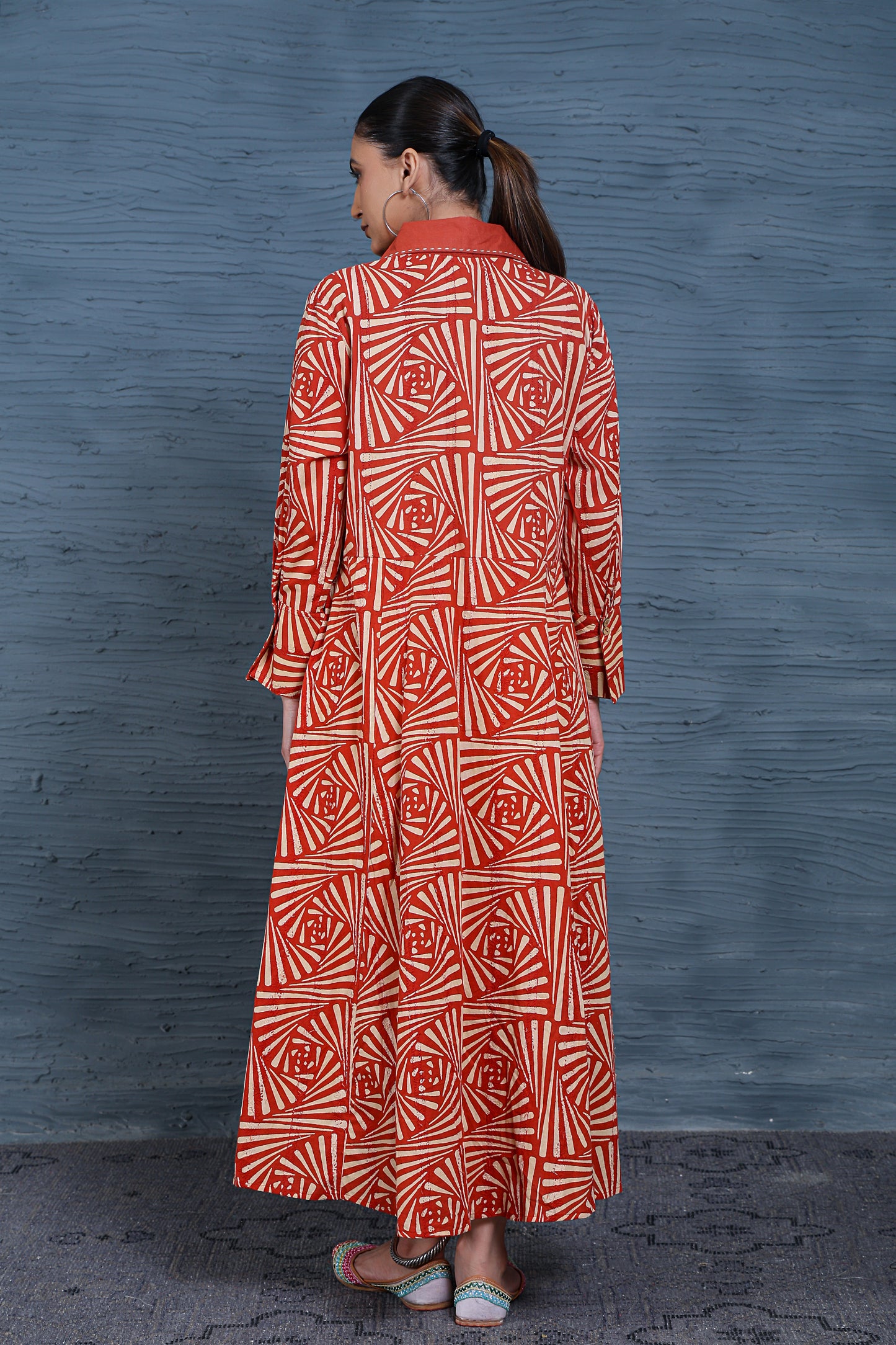 Luxe Full Sleeve Maroon Printed Wooden Buttons Long Dress