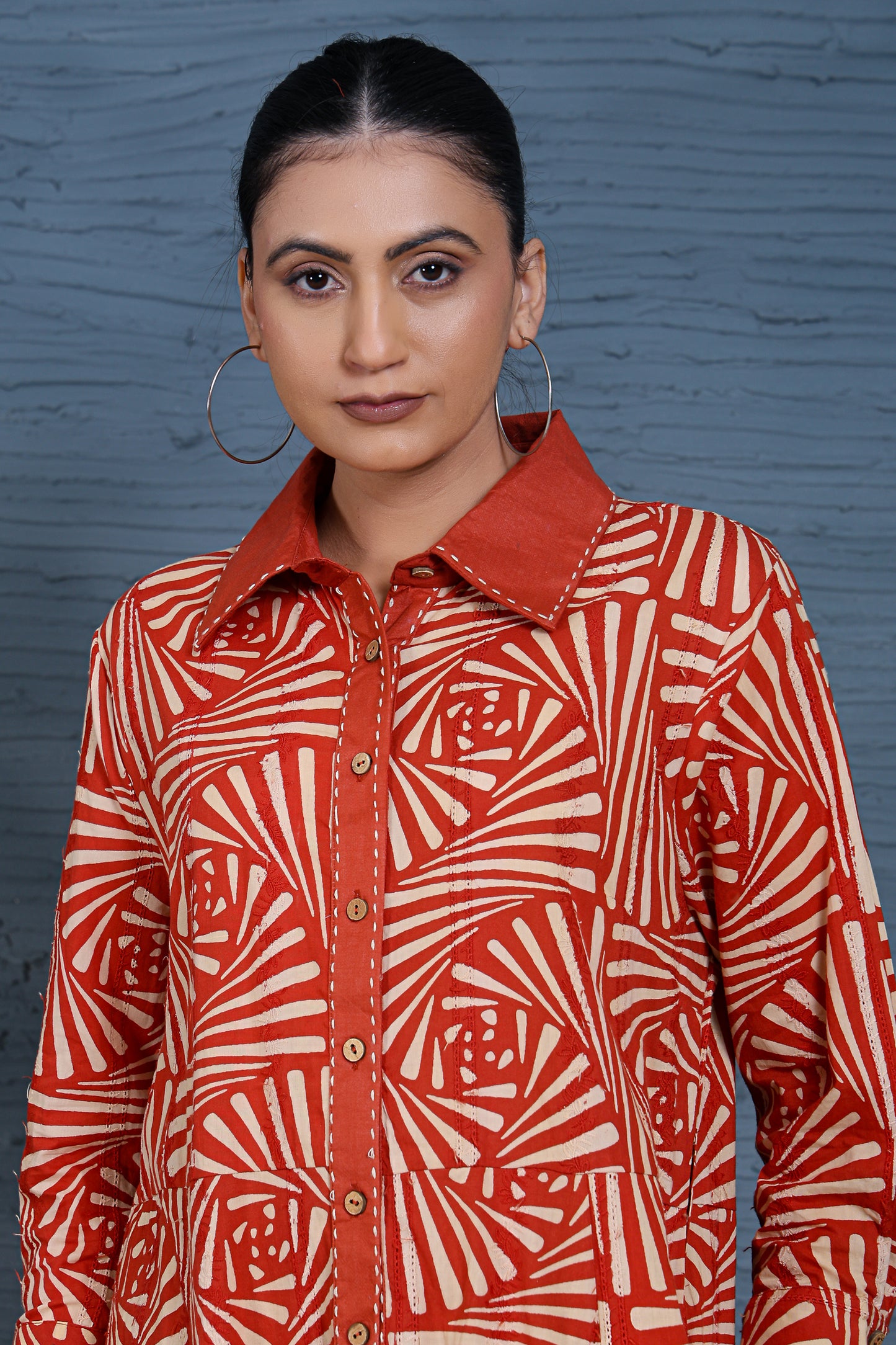 Luxe Full Sleeve Maroon Printed Wooden Buttons Long Dress