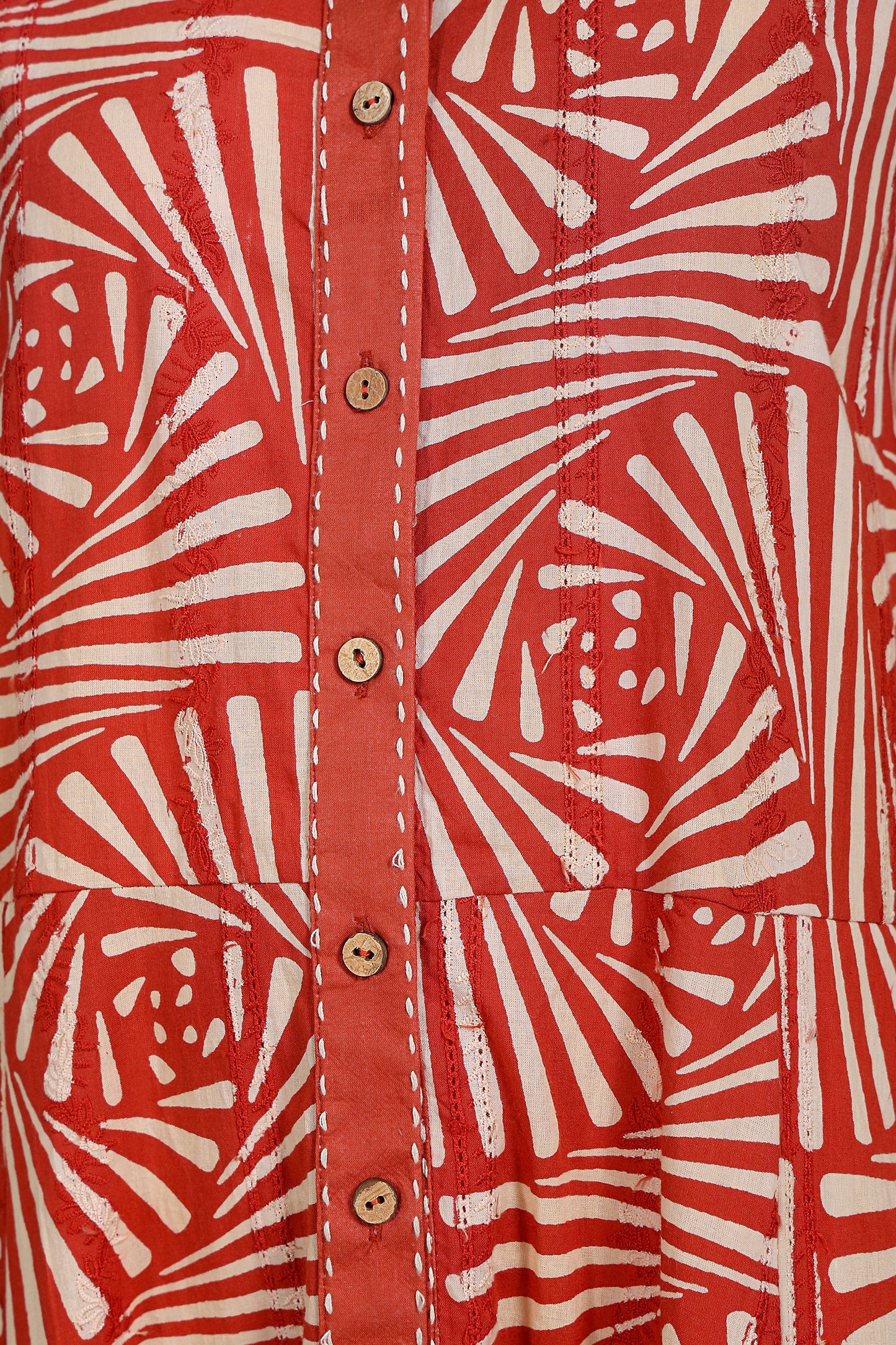 Luxe Full Sleeve Maroon Printed Wooden Buttons Long Dress