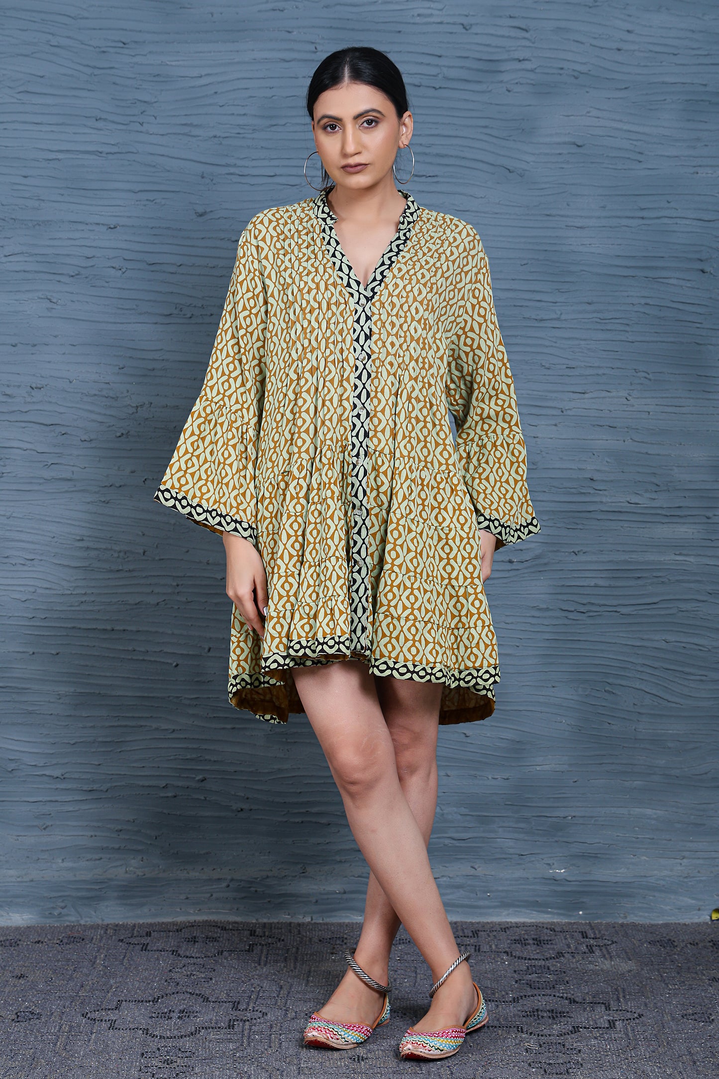 Luxe Full Sleeve Mustard Printed Pintuck Dress