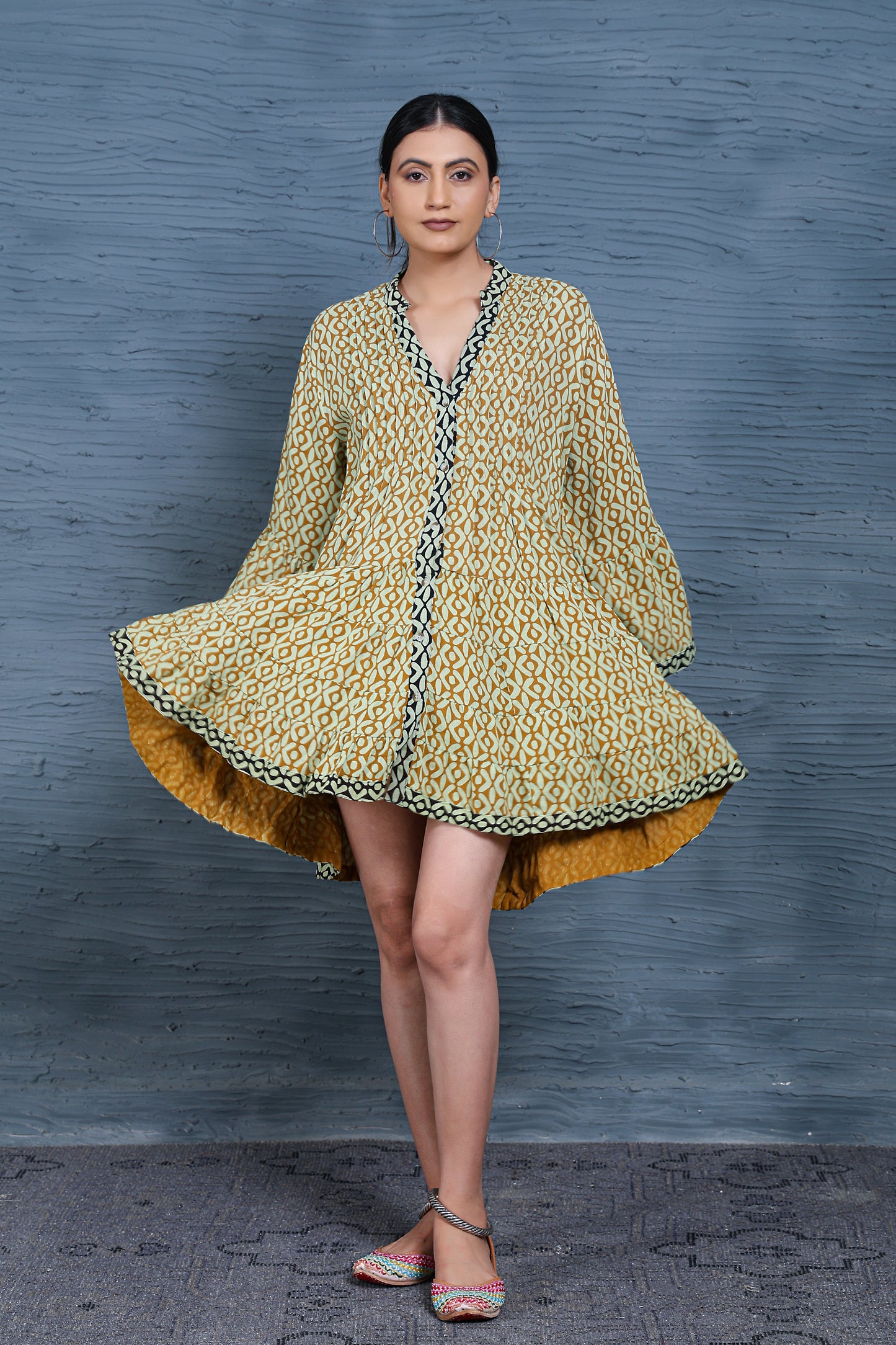 Luxe Full Sleeve Mustard Printed Pintuck Dress