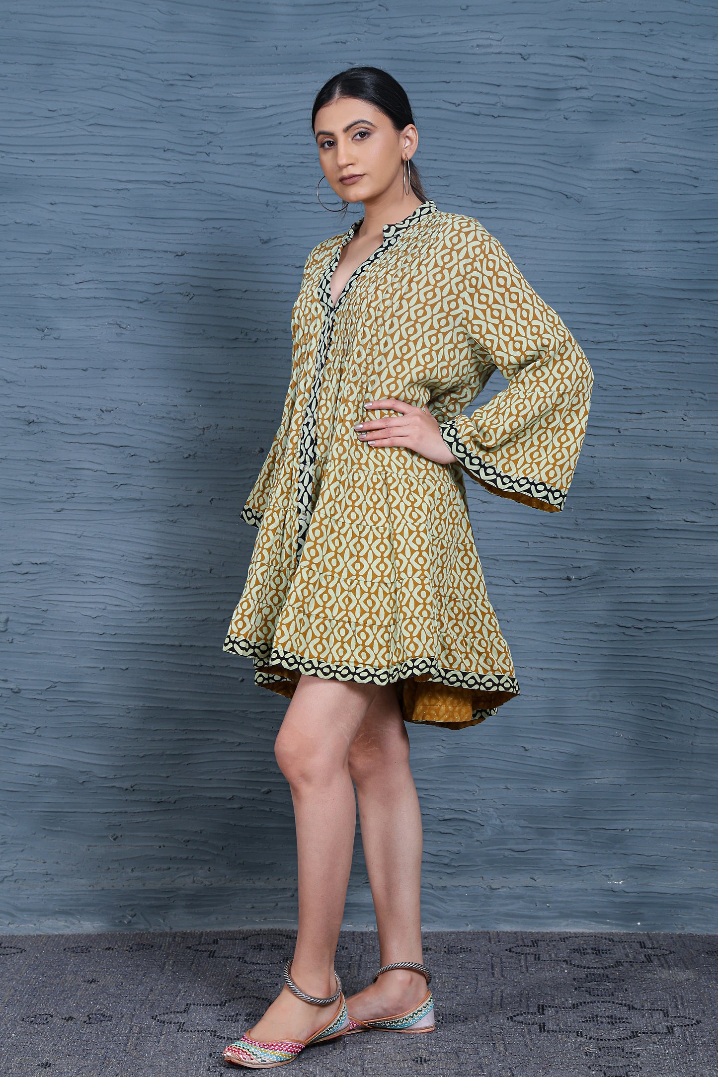 Luxe Full Sleeve Mustard Printed Pintuck Dress