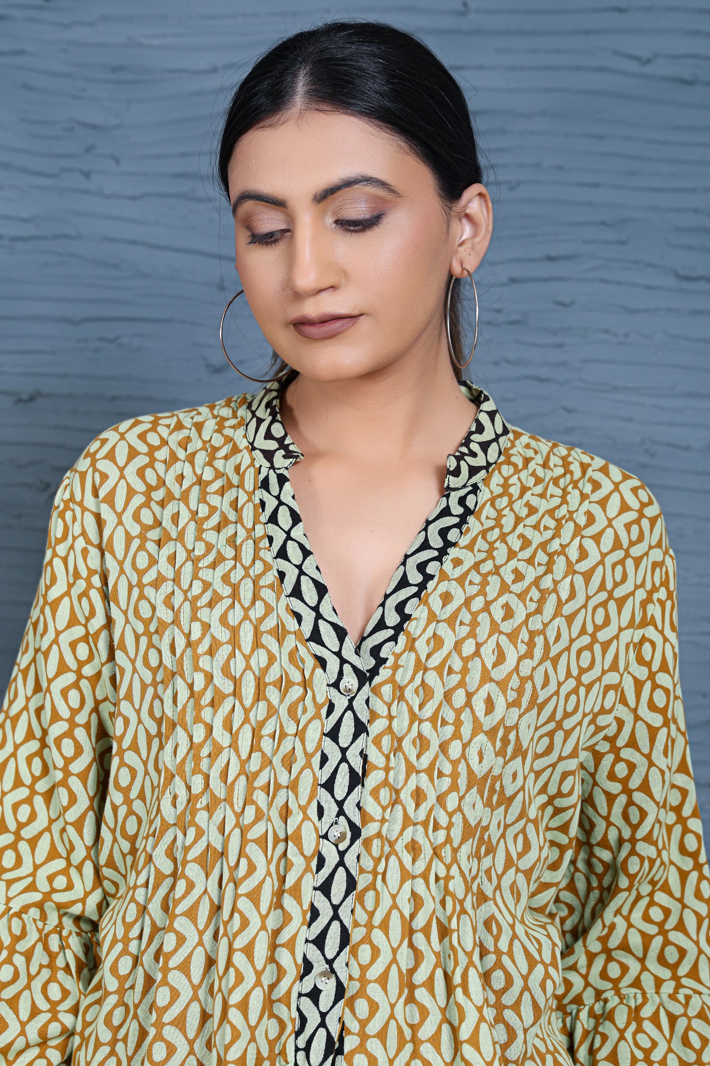 Luxe Full Sleeve Mustard Printed Pintuck Dress