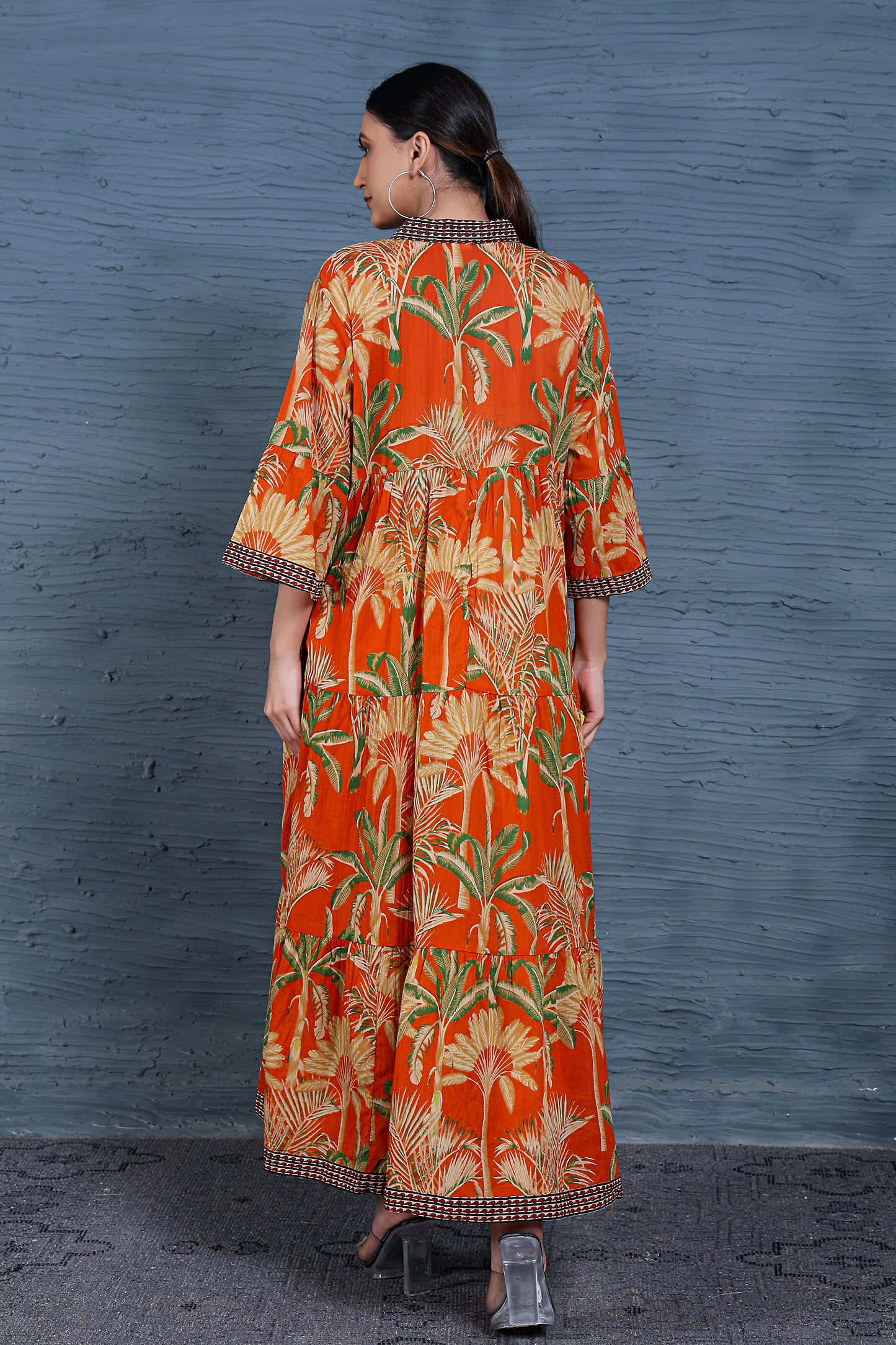 Luxe Three Fourth Sleeve Orange Printed Long Dress