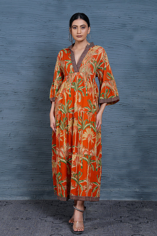 Luxe Three Fourth Sleeve Orange Printed Long Dress