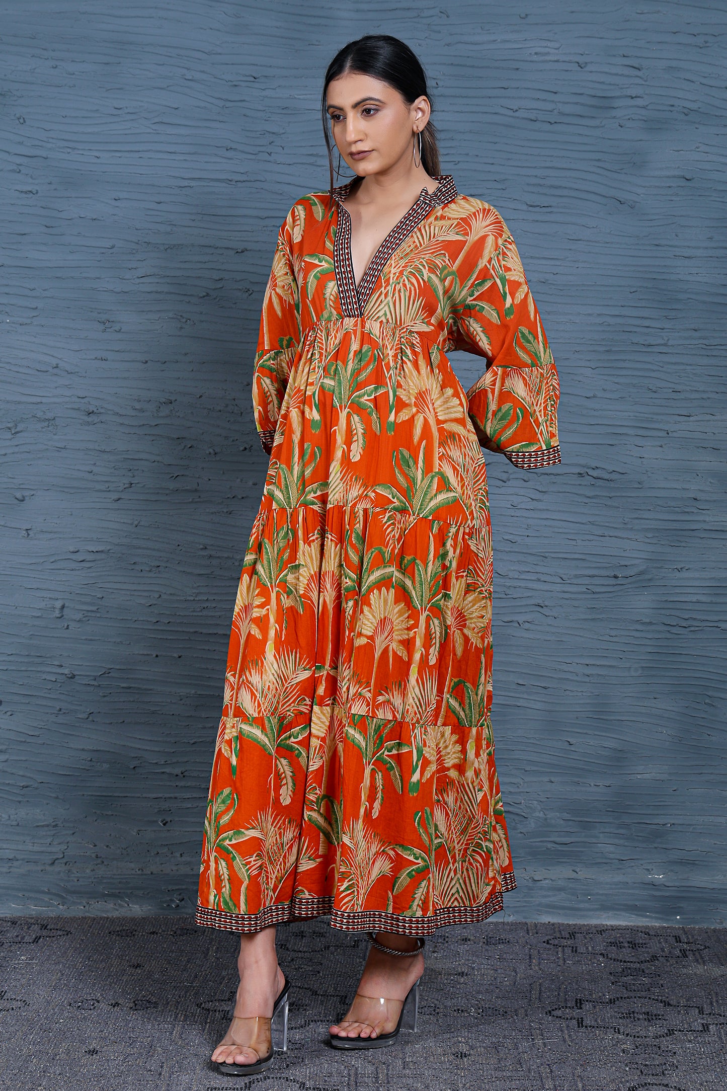 Luxe Three Fourth Sleeve Orange Printed Long Dress