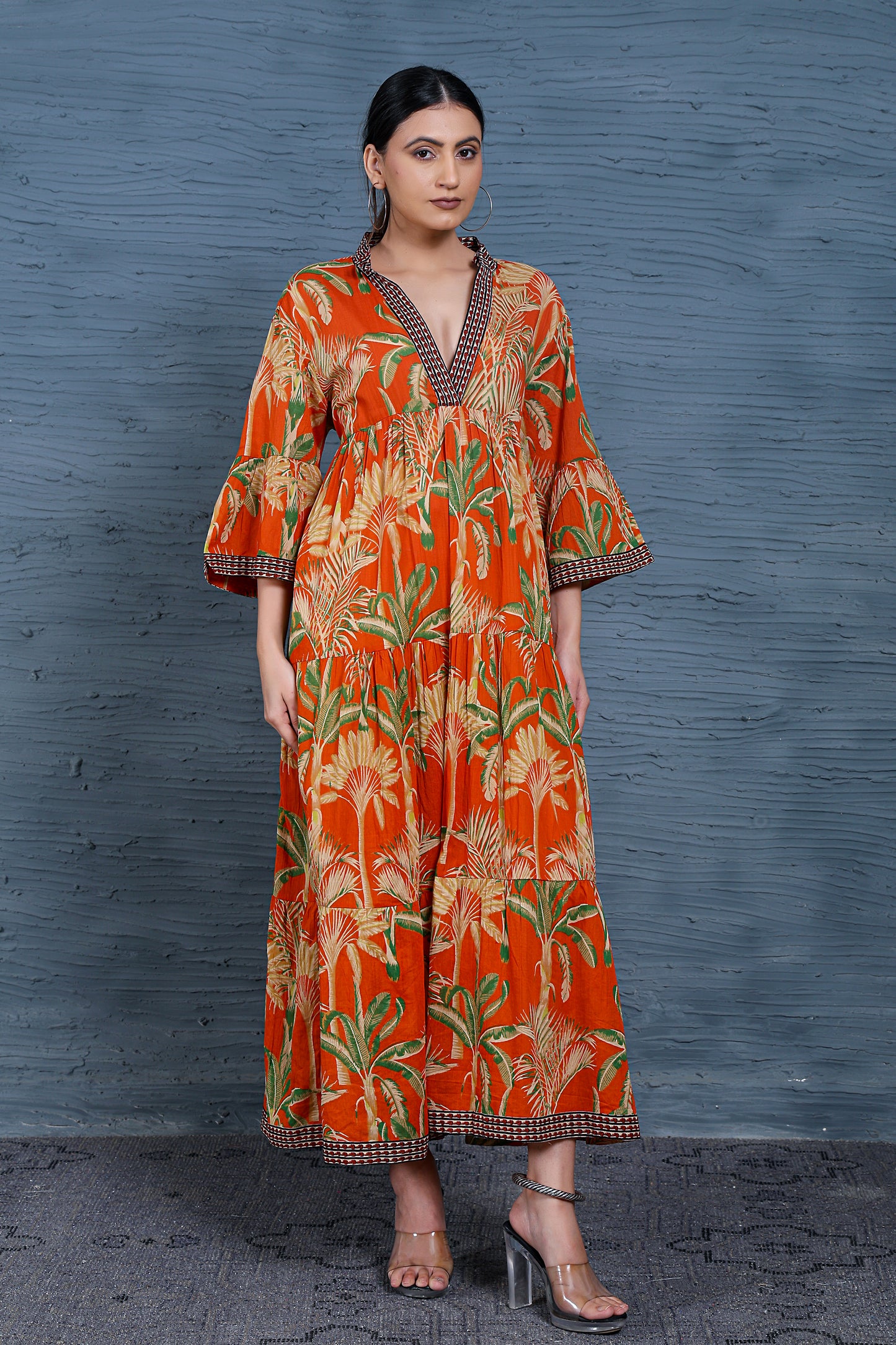 Luxe Three Fourth Sleeve Orange Printed Long Dress